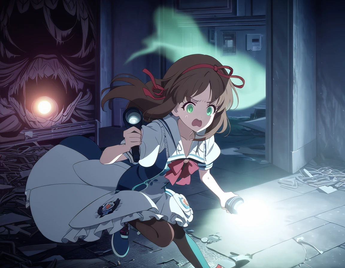 (best quality,4k,highres) A cute 15 years old japaneese girl, drawn in anime style, futuristic, Frutiger aero aesthetic, sci-fi, is afraid, jade green eyes, long brown hair, ribbon headband, small breast, white and blue futuristic sailor lolita dress with puffy sleeves, school crest, red ribbon, navy blue pantyhose, High tech sport shoes with glowing parts, holding a flashlight, screaming in horror, in a abandoned haunted mansion, running away from a creepy ghost, at night, moonlight, low brightness, darkness, highly detailed, 4K.