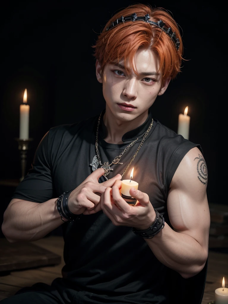 Jungkook bts actor and kpop idol more realism in hair and clothing hair orange, Generate an image of a Korean Kpop idol with bright orange hair, dressed in a black shirt and a tunic of the same color, surrounded by dark witches and warlocks in a coven. The background must be dark and gloomy, lleno de velas y witchcraft symbols.Create a visual representation of a Korean Kpop actor, with a spinal crown on his head, dressed in a black tunic and black shirt in a coven setting. Around it, dark witches casting curses, with a shadowy forest full of candles as a backdrop.Produces an image where a Korean Kpop idol, recognizable by his bright orange hair, is immersed in an environment of witchcraft and curse. He is dressed in a black tunic and a dark shirt, surrounded by wizards and witches in a dark forest full of magical symbols.Korean kpop idol actor who is dressed in a black shirt, black tunic, with a crown of thorns on his head, he is in a witches coven, all dark witches, curse and witchcraft, the background that is dark dark, a black background in a forest full of candles and spells, witchcraft symbols, bright orange hair amidst candles at a coven. homme coréen musclé maléfique manly muscle man, Young muscular evil Asian, 30 years old, manly, serious, serious face, rough features.  Let your muscles be shown, half your body exposed with snake tattoos.asian with strong muscles showing, rough masculine face, masculine manly manly features. Australian Canadian with a rough muscular face who shows off his muscles   Australian boy with neck tattoos  