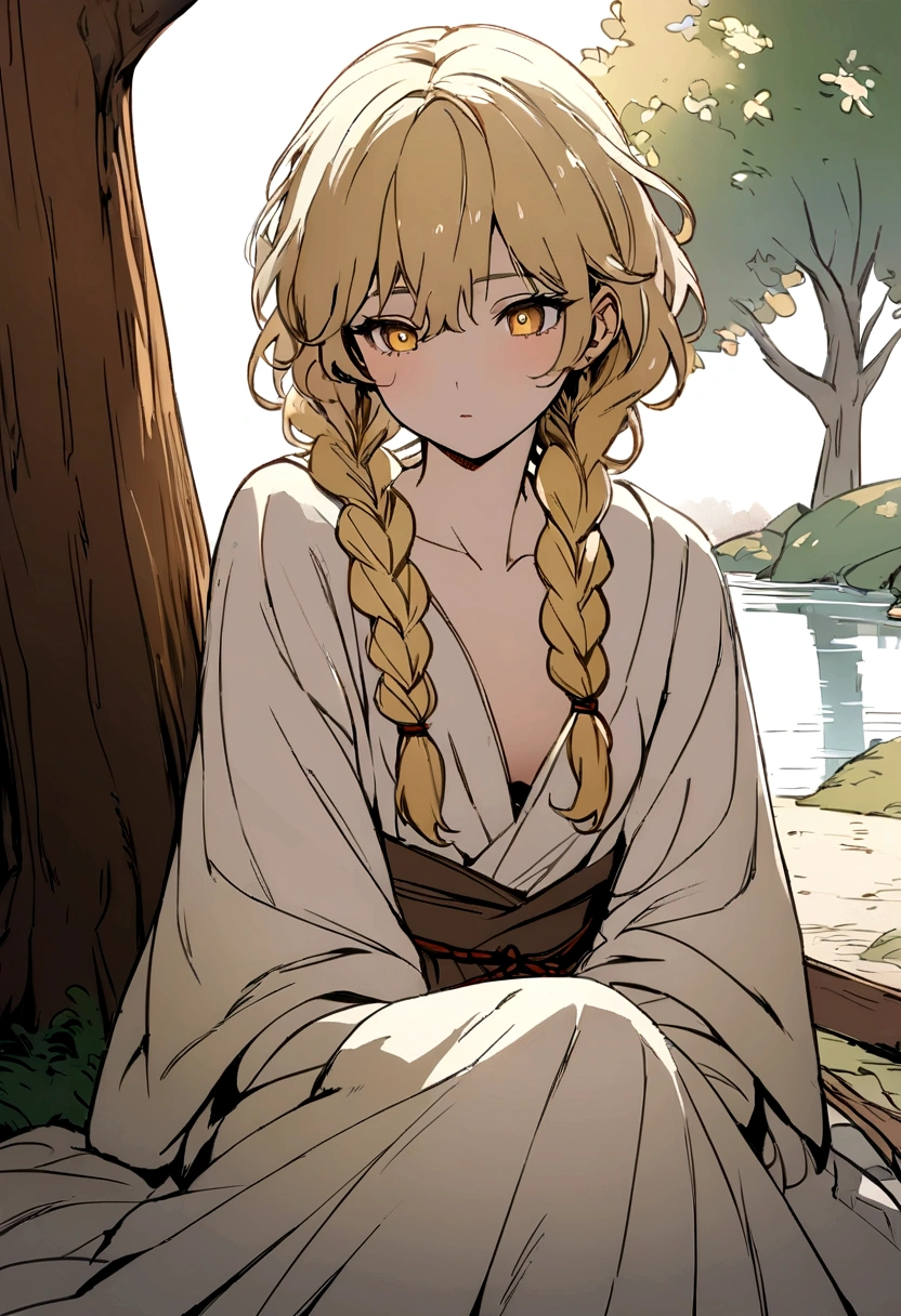 Masterpiece, High quality, High quality of art, anime lineart, Oil painting style, 1boy, Femboy, Light golden hair, braids, Yellow eyes, red eyeshadows, calm, half-asleep, near a large tree, feminine, in simple rustic clothes, Half-naked, morning, Pale, This boy is sitting under a tree near the river, Fluffy curly hair with braids, In the clothes of a boy of the Middle Ages