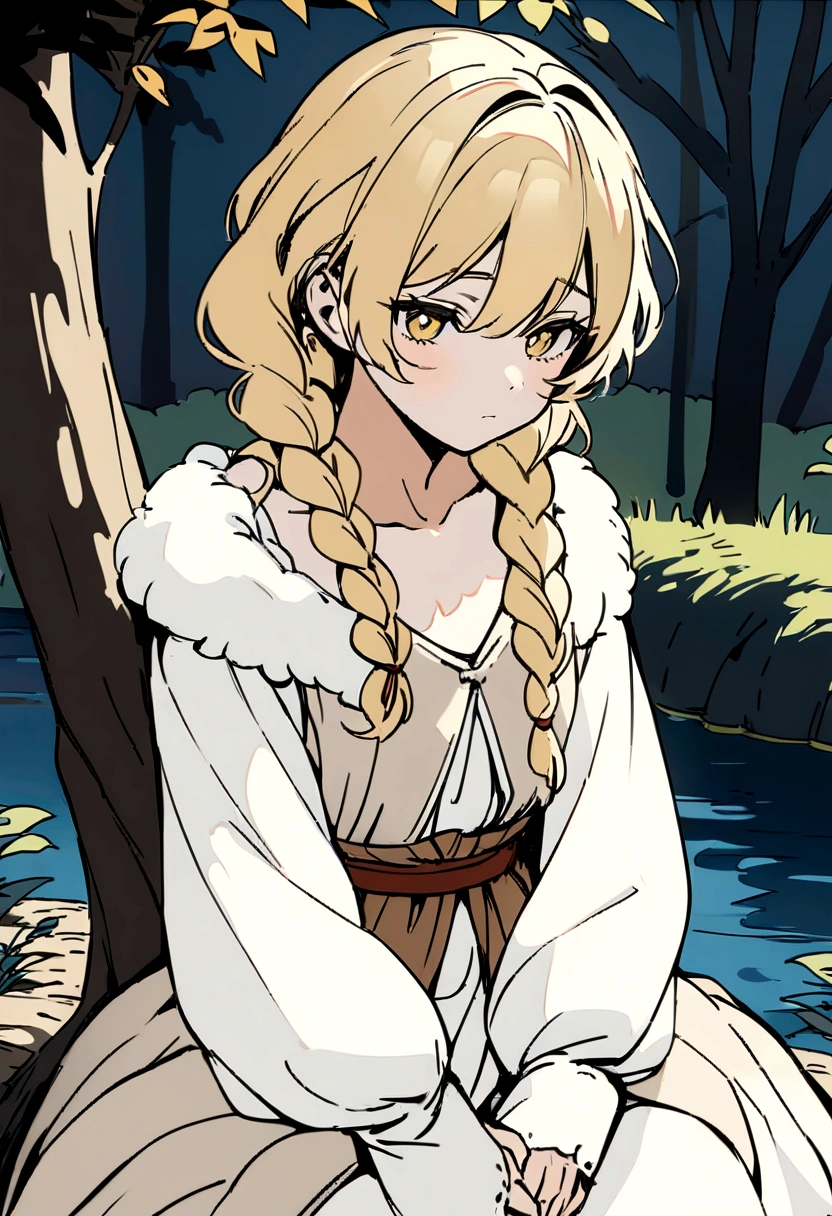 Masterpiece, High quality, High quality of art, anime lineart, Oil painting style, 1boy, Femboy, Light golden hair, braids, Yellow eyes, red eyeshadows, calm, half-asleep, near a large tree, feminine, in simple rustic clothes, Half-naked, morning, Pale, This boy is sitting under a tree near the river, Fluffy curly hair with braids, In the clothes of a boy of the Middle Ages