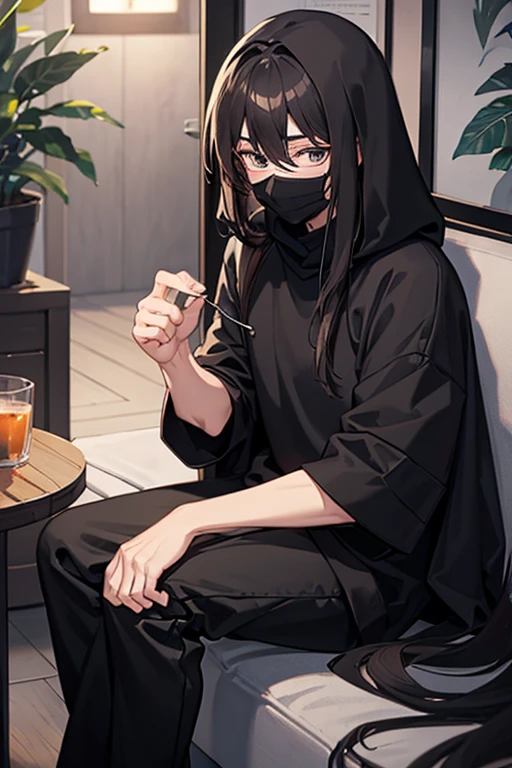 man, by the long cafe, completely black mask and black sweatshirt