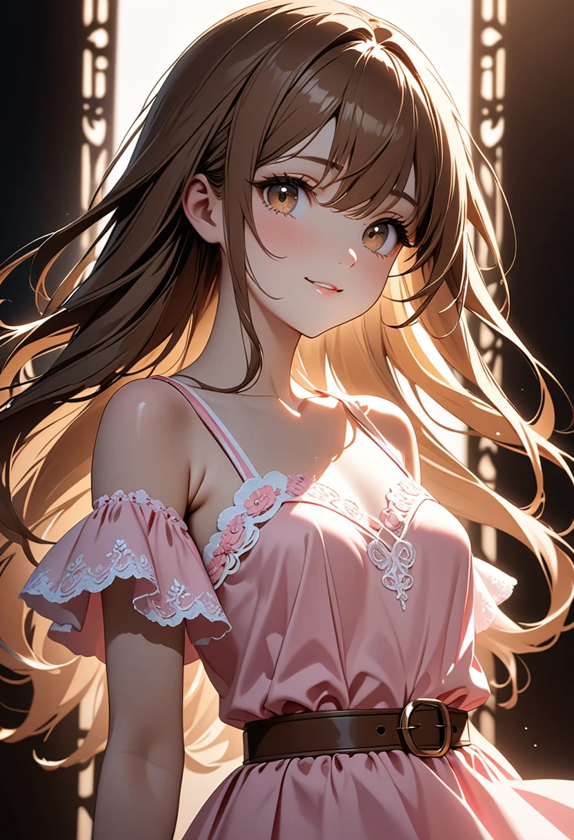 solo 19 yr girl, (masterpiece:1.2, Best Quality), (finely detailed beautiful eye: 1.2), (beautifull detailed face), High contrast, (Best Illumination, extremely delicate and beautiful), ((Cinematic Light)), Dramatic light, Intricate details, brown eyes, boods,very long brown hair, pink summer dress, brown belt, upper body, small breasts, accurate hands, Look at me and smile, ruddy skin