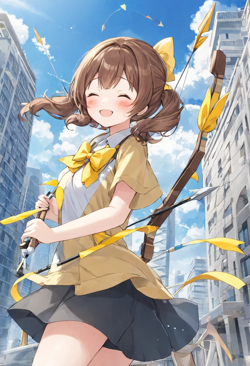 1 girl, alone, broad, blush, SMILE, Brown hair, bow, two tails, Closed eyes, weapon, short sleeves, hair bow, sky, day, blue sky, building, in front of the viewer, yellow bow, bow (weapon), ARROW (projectile)