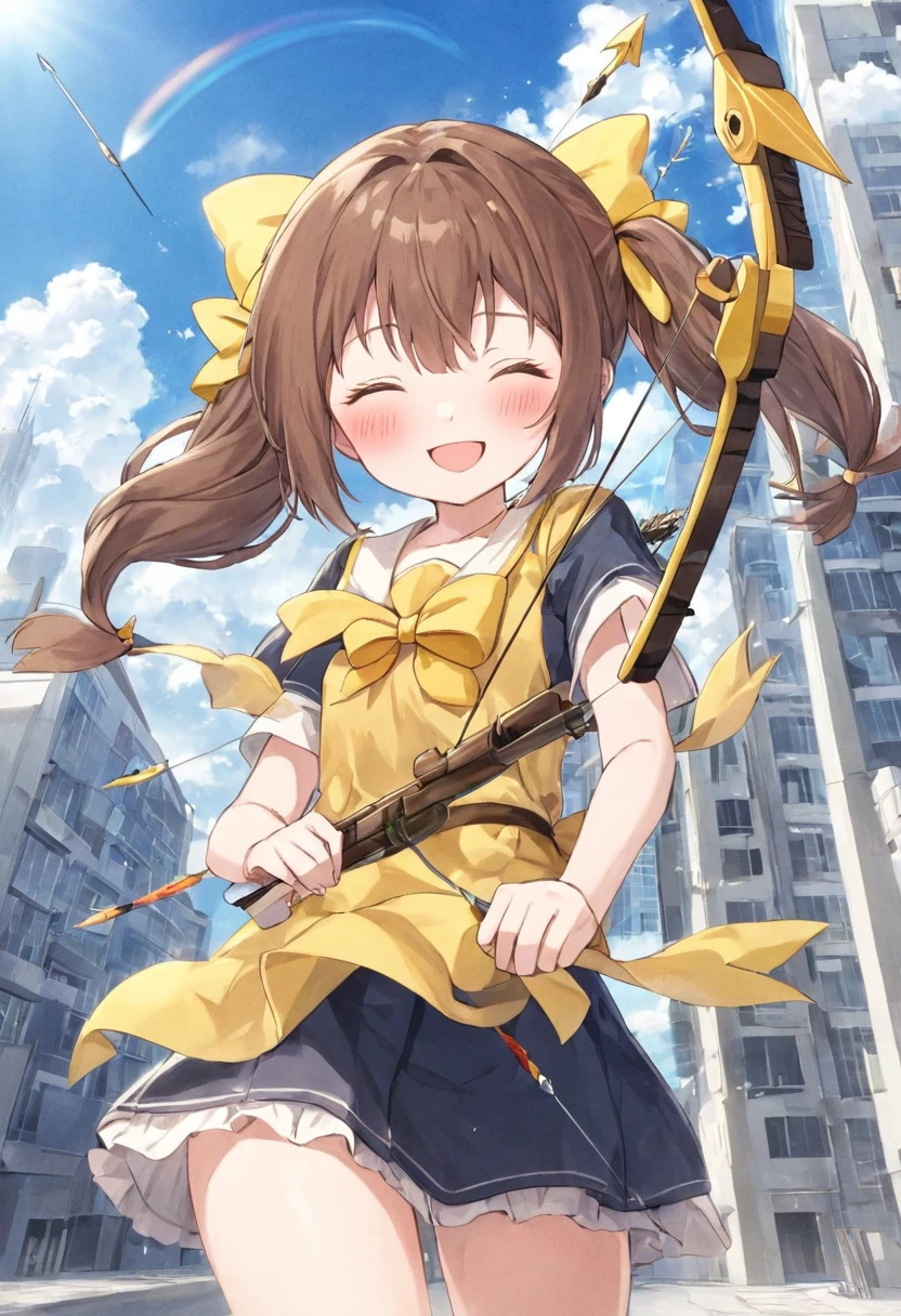 1 girl, alone, broad, blush, SMILE, Brown hair, bow, two tails, Closed eyes, weapon, short sleeves, hair bow, sky, day, blue sky, building, in front of the viewer, yellow bow, bow (weapon), ARROW (projectile)