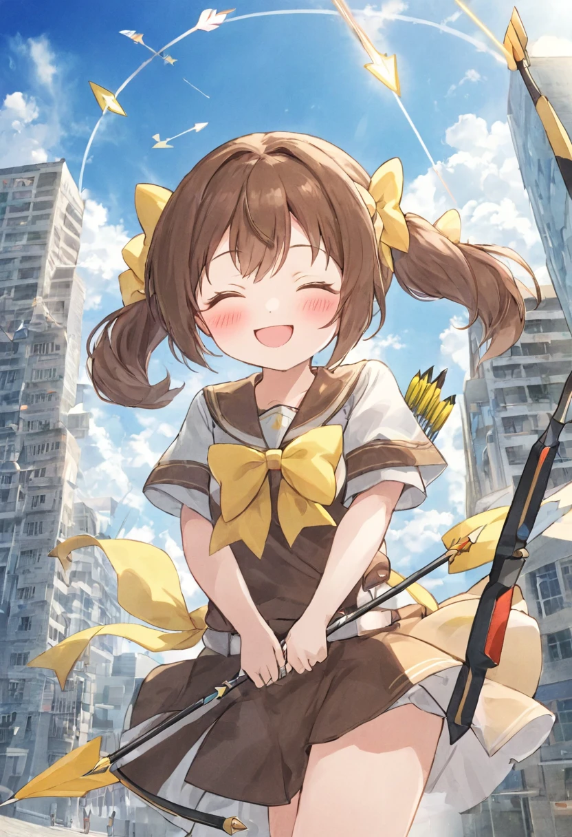 1 girl, alone, broad, blush, SMILE, Brown hair, bow, two tails, Closed eyes, weapon, short sleeves, hair bow, sky, day, blue sky, building, in front of the viewer, yellow bow, bow (weapon), ARROW (projectile)