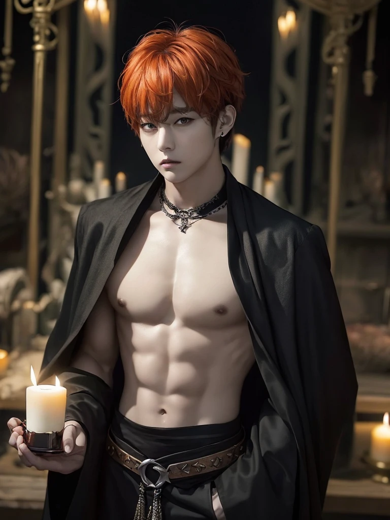 Jungkook bts actor and kpop idol more realism in hair and clothing hair orange, Generate an image of a Korean Kpop idol with bright orange hair, dressed in a black shirt and a tunic of the same color, surrounded by dark witches and warlocks in a coven. The background must be dark and gloomy, lleno de velas y witchcraft symbols.Create a visual representation of a Korean Kpop actor, with a spinal crown on his head, dressed in a black tunic and black shirt in a coven setting. Around it, dark witches casting curses, with a shadowy forest full of candles as a backdrop.Produces an image where a Korean Kpop idol, recognizable by his bright orange hair, is immersed in an environment of witchcraft and curse. He is dressed in a black tunic and a dark shirt, surrounded by wizards and witches in a dark forest full of magical symbols.Korean kpop idol actor who is dressed in a black shirt, black tunic, with a crown of thorns on his head, he is in a witches coven, all dark witches, curse and witchcraft, the background that is dark dark, a black background in a forest full of candles and spells, witchcraft symbols, bright orange hair amidst candles at a coven. homme coréen musclé maléfique manly muscle man, Young muscular evil Asian, 30 years old, manly, serious, serious face, rough features.  Let your muscles be shown, half your body exposed with snake tattoos.asian with strong muscles showing, rough masculine face, masculine manly manly features. Australian Canadian with a rough muscular face who shows off his muscles   Australian boy with neck tattoos  