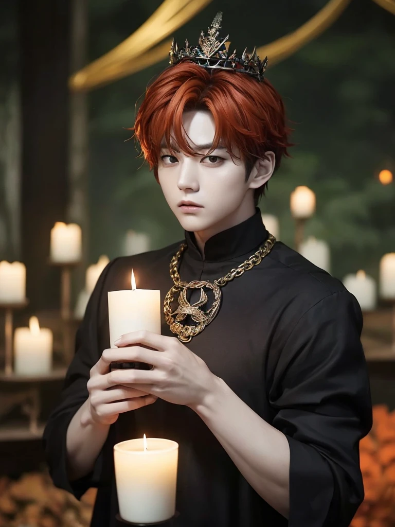 Jungkook bts actor and kpop idol more realism in hair and clothing hair orange, Generate an image of a Korean Kpop idol with bright orange hair, dressed in a black shirt and a tunic of the same color, surrounded by dark witches and warlocks in a coven. The background must be dark and gloomy, lleno de velas y witchcraft symbols.Create a visual representation of a Korean Kpop actor, with a spinal crown on his head, dressed in a black tunic and black shirt in a coven setting. Around it, dark witches casting curses, with a shadowy forest full of candles as a backdrop.Produces an image where a Korean Kpop idol, recognizable by his bright orange hair, is immersed in an environment of witchcraft and curse. He is dressed in a black tunic and a dark shirt, surrounded by wizards and witches in a dark forest full of magical symbols.Korean kpop idol actor who is dressed in a black shirt, black tunic, with a crown of thorns on his head, he is in a witches coven, all dark witches, curse and witchcraft, the background that is dark dark, a black background in a forest full of candles and spells, witchcraft symbols, bright orange hair amidst candles at a coven. homme coréen musclé maléfique manly muscle man, Young muscular evil Asian, 30 years old, manly, serious, serious face, rough features.  Let your muscles be shown, half your body exposed with snake tattoos.asian with strong muscles showing, rough masculine face, masculine manly manly features. Australian Canadian with a rough muscular face who shows off his muscles   Australian boy with neck tattoos  