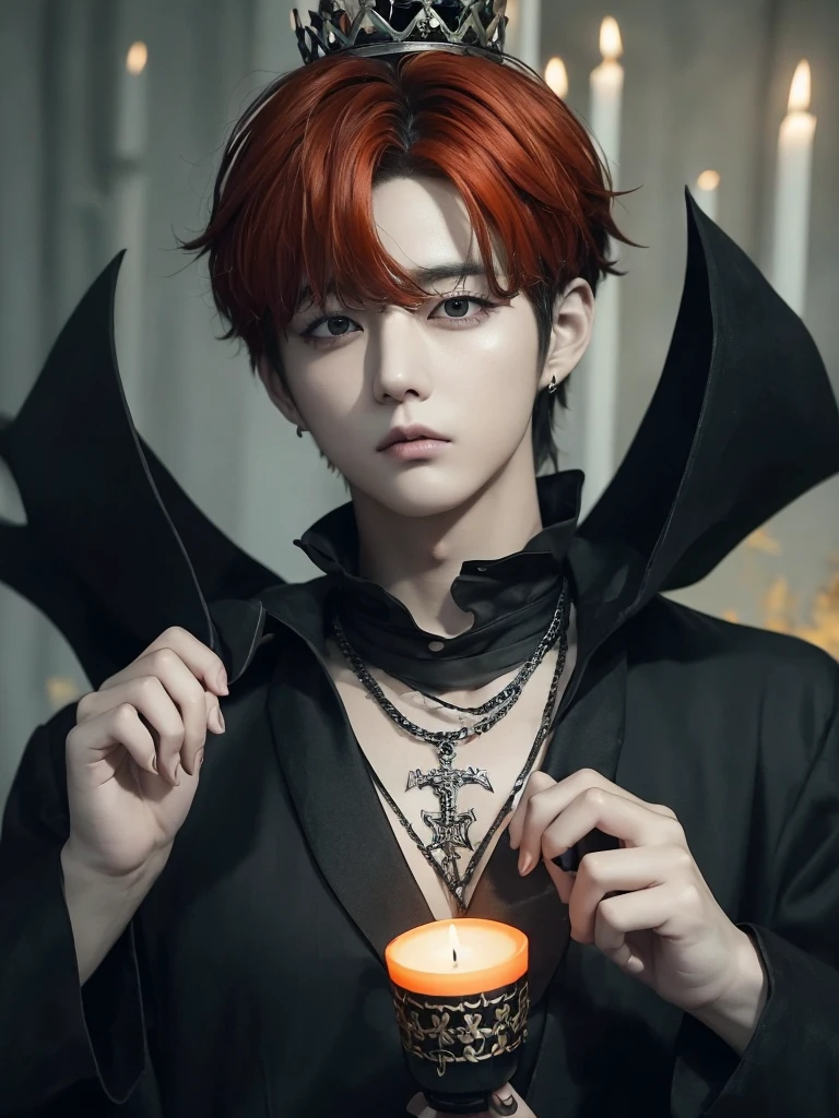 Jungkook bts actor and kpop idol more realism in hair and clothing hair orange, Generate an image of a Korean Kpop idol with bright orange hair, dressed in a black shirt and a tunic of the same color, surrounded by dark witches and warlocks in a coven. The background must be dark and gloomy, lleno de velas y witchcraft symbols.Create a visual representation of a Korean Kpop actor, with a spinal crown on his head, dressed in a black tunic and black shirt in a coven setting. Around it, dark witches casting curses, with a shadowy forest full of candles as a backdrop.Produces an image where a Korean Kpop idol, recognizable by his bright orange hair, is immersed in an environment of witchcraft and curse. He is dressed in a black tunic and a dark shirt, surrounded by wizards and witches in a dark forest full of magical symbols.Korean kpop idol actor who is dressed in a black shirt, black tunic, with a crown of thorns on his head, he is in a witches coven, all dark witches, curse and witchcraft, the background that is dark dark, a black background in a forest full of candles and spells, witchcraft symbols, bright orange hair amidst candles at a coven. homme coréen musclé maléfique manly muscle man, Young muscular evil Asian, 30 years old, manly, serious, serious face, rough features.  Let your muscles be shown, half your body exposed with snake tattoos.asian with strong muscles showing, rough masculine face, masculine manly manly features. Australian Canadian with a rough muscular face who shows off his muscles   Australian boy with neck tattoos  