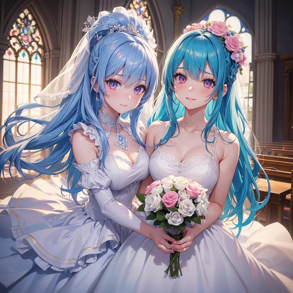 Sky blue hair, (Braided Ponytail),(Pink Eyes),Fair skin ,(whole body),(One girl),bride,A big smile,Straight bangs, 6月のbride,Wedding dress,(masterpiece, Highest quality, Very detailed, Best Shadow), (Detailed Background), (Beautifully detailed face), High Contrast, (Best lighting, Very delicate and beautiful), ((Cinematic Light)), colorful, Hyper Detail, Dramatic Light, Intricate details,Chapel background,A bouquet of roses in the right hand,Ring on left ring finger,