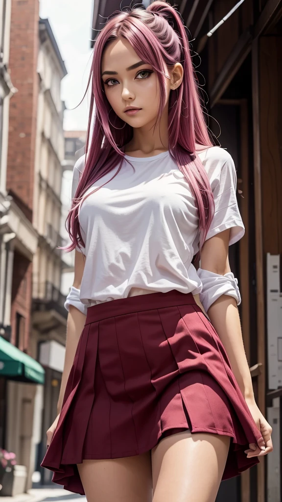 masterpiece, best quality, highres, absurdres, 1girl, crowd, skirt, pink hair, gasai yuno, from below, revealing clothes, skindentation, outdoors, sunlight, street, looking at viewer, blush,