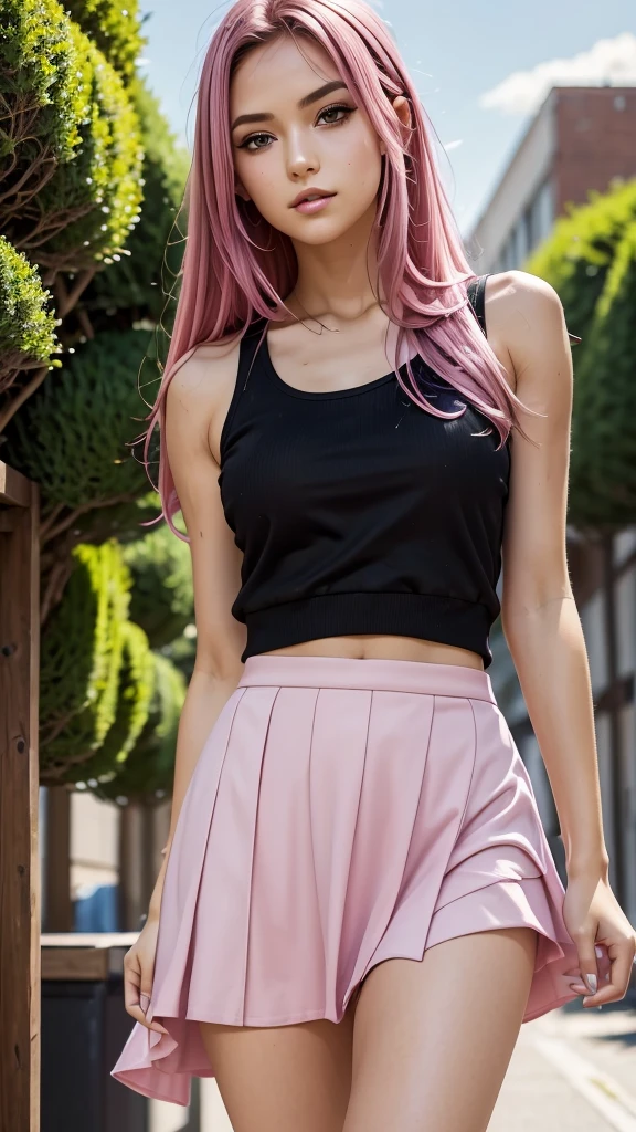 masterpiece, best quality, highres, absurdres, 1girl, crowd, skirt, pink hair, gasai yuno, from below, revealing clothes, skindentation, outdoors, sunlight, street, looking at viewer, blush,