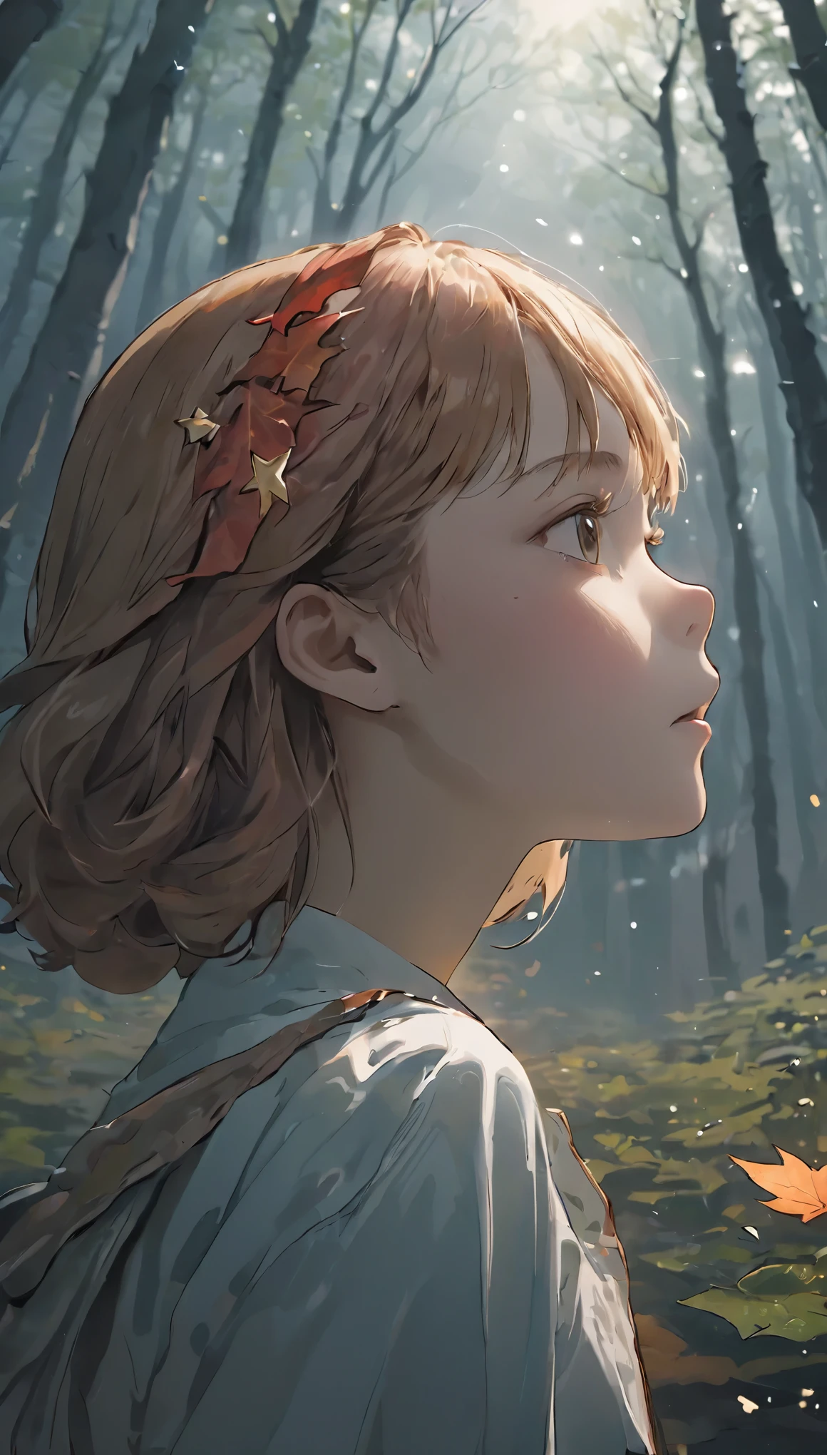 quality\(8K,非常に精細なCGユニットのwallpaper, masterpiece,High resolution,top-quality,top-quality real texture skin,Surreal,Increase the resolution,RAW Photos,最高quality,Very detailed,wallpaper\),break、Circle image、Red Forestを歩く、Maple tree々、Maple leaf、Red Forest、Long Shot、The subject is small、Beautiful dense forest、赤から白にGradation、Gradation、break、One Girl、look up、非常にDetailed face、Detailed face、Side Shot、Beautiful profile、look up、White sky close to black、Stars and clouds、Fresh perspectives、break、Overall dark、Cinema Lighting、Very sophisticated lighting、