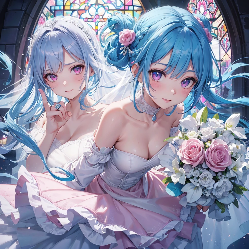 Sky blue hair, (Braided Ponytail),(Pink Eyes),Fair skin ,(whole body),(One girl),bride,A big smile,Straight bangs, 6月のbride,Wedding dress,(masterpiece, Highest quality, Very detailed, Best Shadow), (Detailed Background), (Beautifully detailed face), High Contrast, (Best lighting, Very delicate and beautiful), ((Cinematic Light)), colorful, Hyper Detail, Dramatic Light, Intricate details,Chapel background,A bouquet of roses in the right hand,Ring on left ring finger,