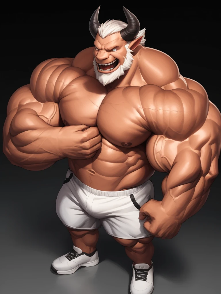 solo, 1boy, perfect anatomy,devil, drone view, high shoot, up view, perfect proportion, laugh, sharp eyes, big eyes, angry, devil eyes, horn, devil tail, mad,, perfect fingers, big hand, fingers. Huge Muscular Old man with short hair, shoes ,(white shorts), view from side, pectoral, thick arms, huge pectoral, wide pectoral, white hair, white beards, simple background, masterpiece, semirealistic:1.2, high detailed, 8k, high resolution, perfect center, full view. ((really big muscle, massive muscular, sixpack, thick arms, wide pectoral, super huge muscle, hyper muscular, over sized muscle, huge arms, big arms, huge pectoral))
