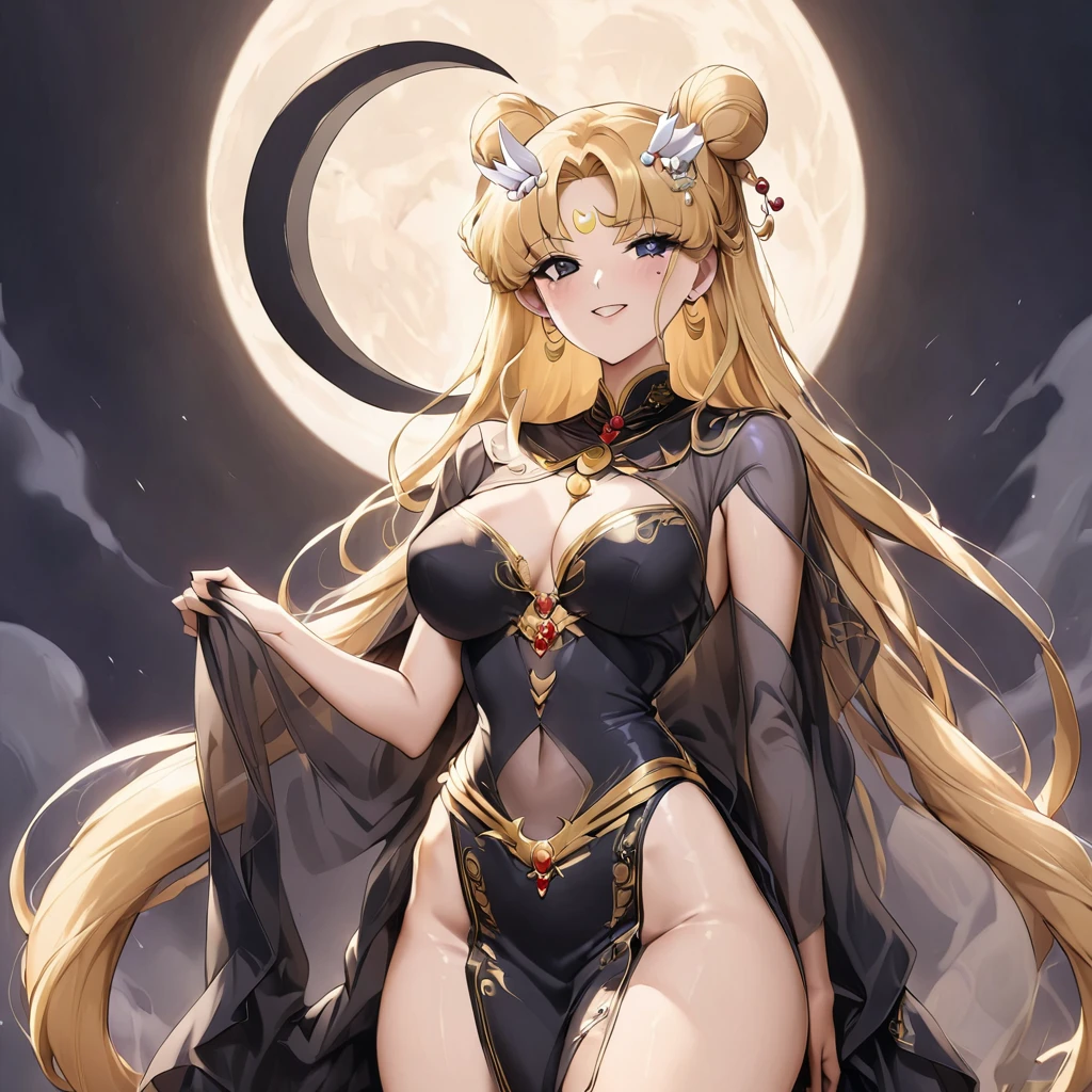 ((Highest quality)), ((masterpiece)), (detailed), （Perfect Face）、The naked woman is Queen Serenity、The woman is Black Serenity, the elegant Empress of the Black Moon of the Black Moon Clan, and has blonde hair.２With her long hair tied up, she is Queen Serenity