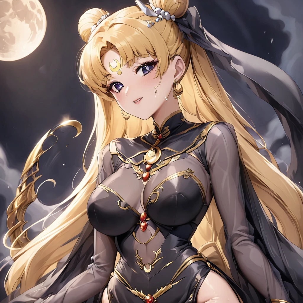 ((Highest quality)), ((masterpiece)), (detailed), （Perfect Face）、The woman is a dark queen with a black inverted crescent moon mark on her forehead, a gorgeous, glittering black see-through long-slit Chinese dress with gold embroidery, a black veil, a black see-through cape and gorgeous jeweled accessories.、The woman is the noble dark queen of the Black Moon clan, Tsukino Usagi, with long blonde hair in a chignon twin tail.