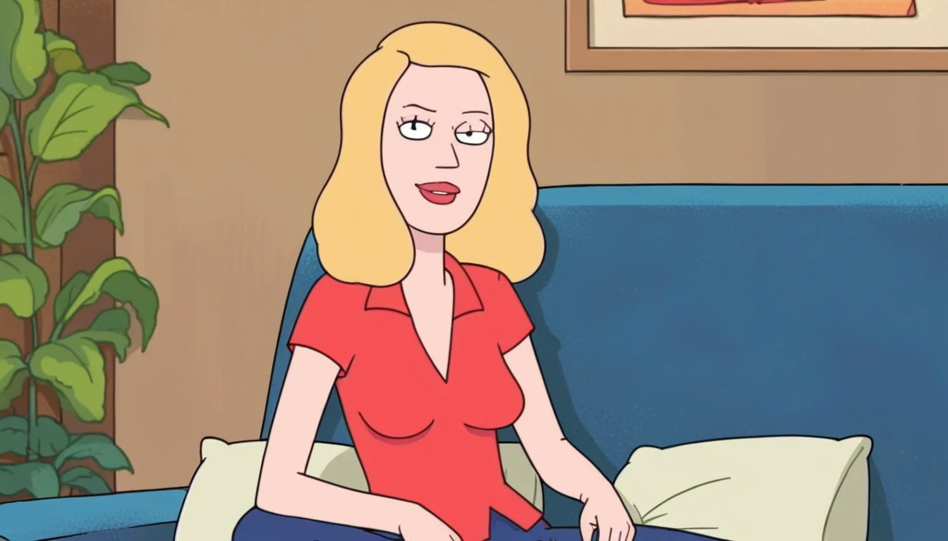 source_cartoon, b_s, (((1girl, solo, alone, black eyes, red lips, blonde hair))), perfect eyes, flat color, cartoon, makeup, looking at viewer, smile, parted lips,
red t-shirt, blue jeans, sitting in sofa,
sexy pose, dynamic pose, dynamic angle, cowboy shot,
living room, indoor,