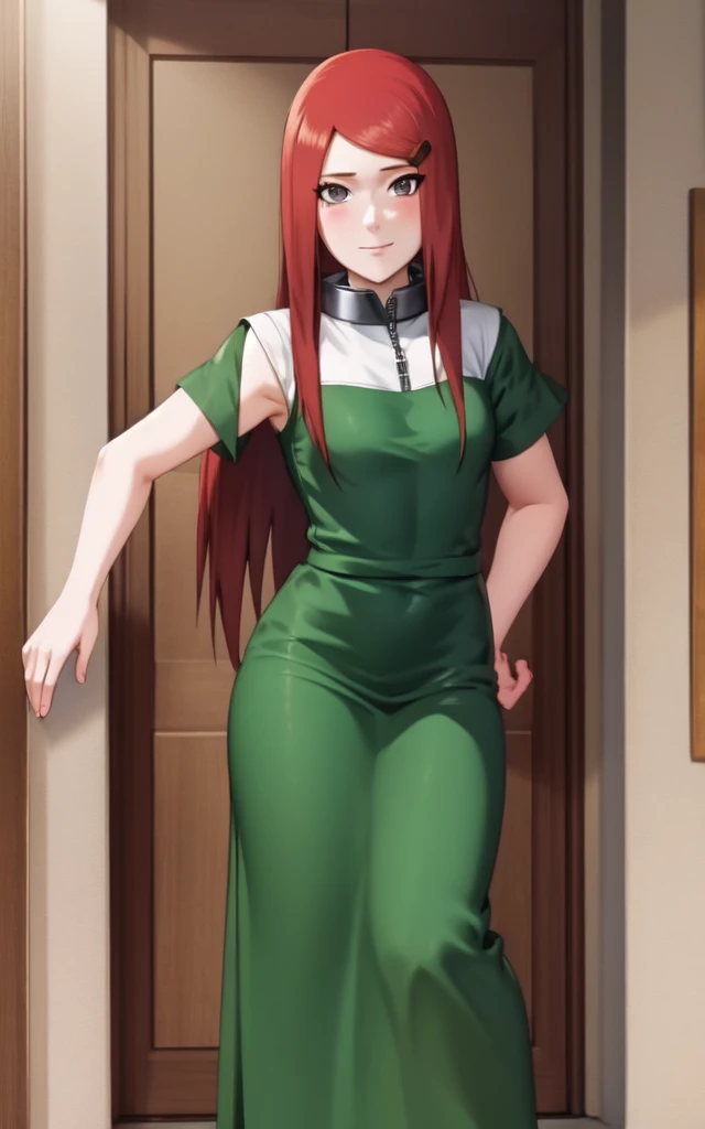 full body, uzumaki kushina, Kushina Uzumaki, masterpiece, high quality, UHD Quality, 4k Quality, perfect, perfection, perfect all,
long red hair, hair ornament, swept bangs, gray eyes, hairclip, perfect face, perfect body, perfect hair, expressive eyes, Soft smile, perfect waist, blushing, green dress, white tiny short sleeves, collar