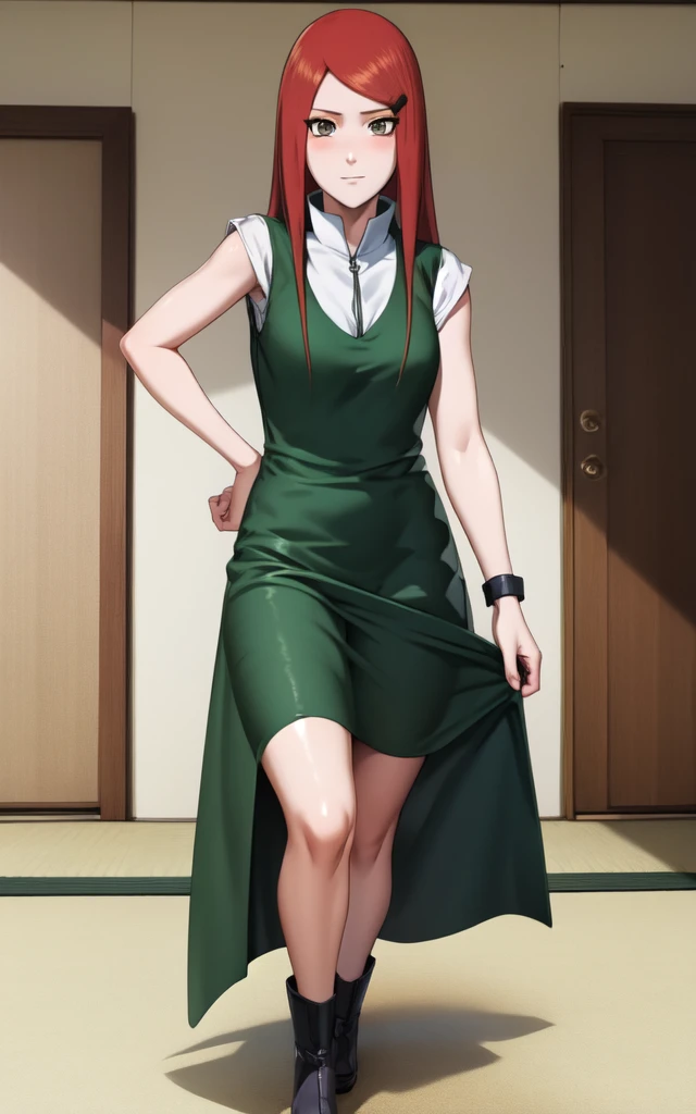 full body, uzumaki kushina, Kushina Uzumaki, masterpiece, high quality, UHD Quality, 4k Quality, perfect, perfection, perfect all,
long red hair, hair ornament, swept bangs, gray eyes, hairclip, perfect face, perfect body, perfect hair, expressive eyes, Soft smile, perfect waist, blushing, green dress, white tiny short sleeves, collar