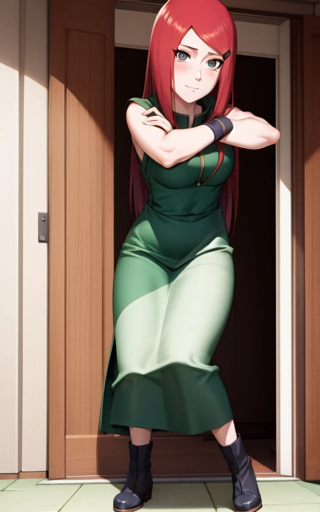 full body, uzumaki kushina, Kushina Uzumaki, masterpiece, high quality, UHD Quality, 4k Quality, perfect, perfection, perfect all,
long red hair, hair ornament, swept bangs, gray eyes, hairclip, perfect face, perfect body, perfect hair, expressive eyes, Soft smile, perfect waist, blushing, green dress, white tiny short sleeves, collar