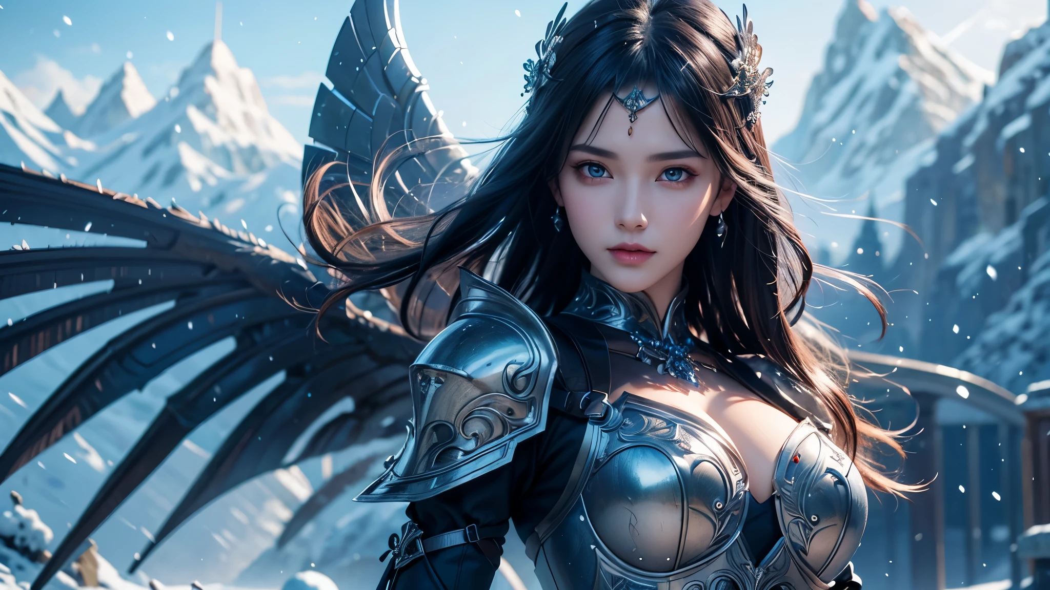 Close-up of woman holding sword and armor, Armor Girl, 2. 5D CGI anime fantasy artwork, Large Breasts，Epic fantasy digital art style, detailed Digital 2D fantasy art, Digital 2D fantasy art, original photo, (best quality:1.3), high resolution, (masterpiece), (lifelike:1.4), Professional photography, Clear focus, High Dynamic Range, 8k resolution, Intricate details, Fine details, Depth of Field, Extremely detailed CG unified 8k wallpaper, masterpiece，poster，best quality，Official Art，（Beauty and aesthetics：1.2），（masterpiece：1.3），Miss，personal，Light Leather Armor，complex pattern，winter，Snow Mountain，Medium distance photography，（midnight），dramatic，Giant bat wings，