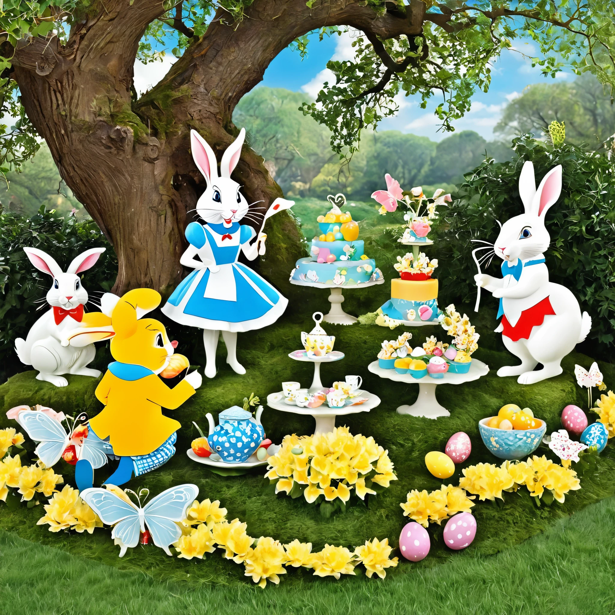 Create a whimsical Easter scene inspired by Alice in Wonderland, with characters like the White Rabbit and Mad Hatter celebrating the holiday.