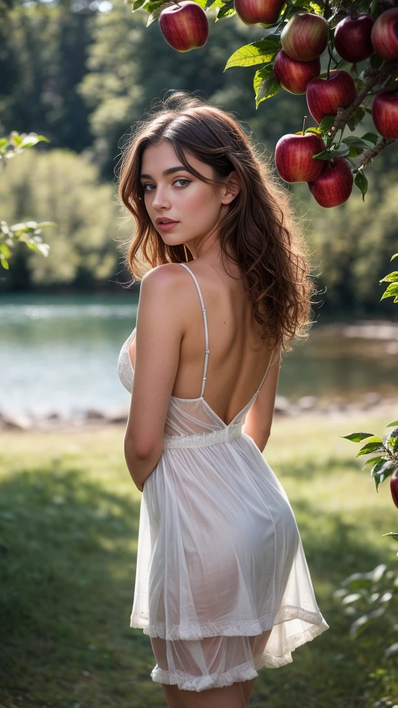 A beautiful european girl, Eve, wearing white organza dress, transparent dress, cleavage, white transparent stockings, full body, from behind, red apples, near an apple tree. She is 24 years old, has light brown hair, long hair, curly hair and light blue eyes. Her cloth is stylish and her overall appearance is stunning. The girl's face is extremely detailed with beautifully detailed lips. Her skin is anatomically correct with realistic textures. The image should have super high details and be of the best quality, with a resolution of 8K. The final result should be a masterpiece, showcasing the girl's beauty and the vibrant atmosphere of the forest and lake