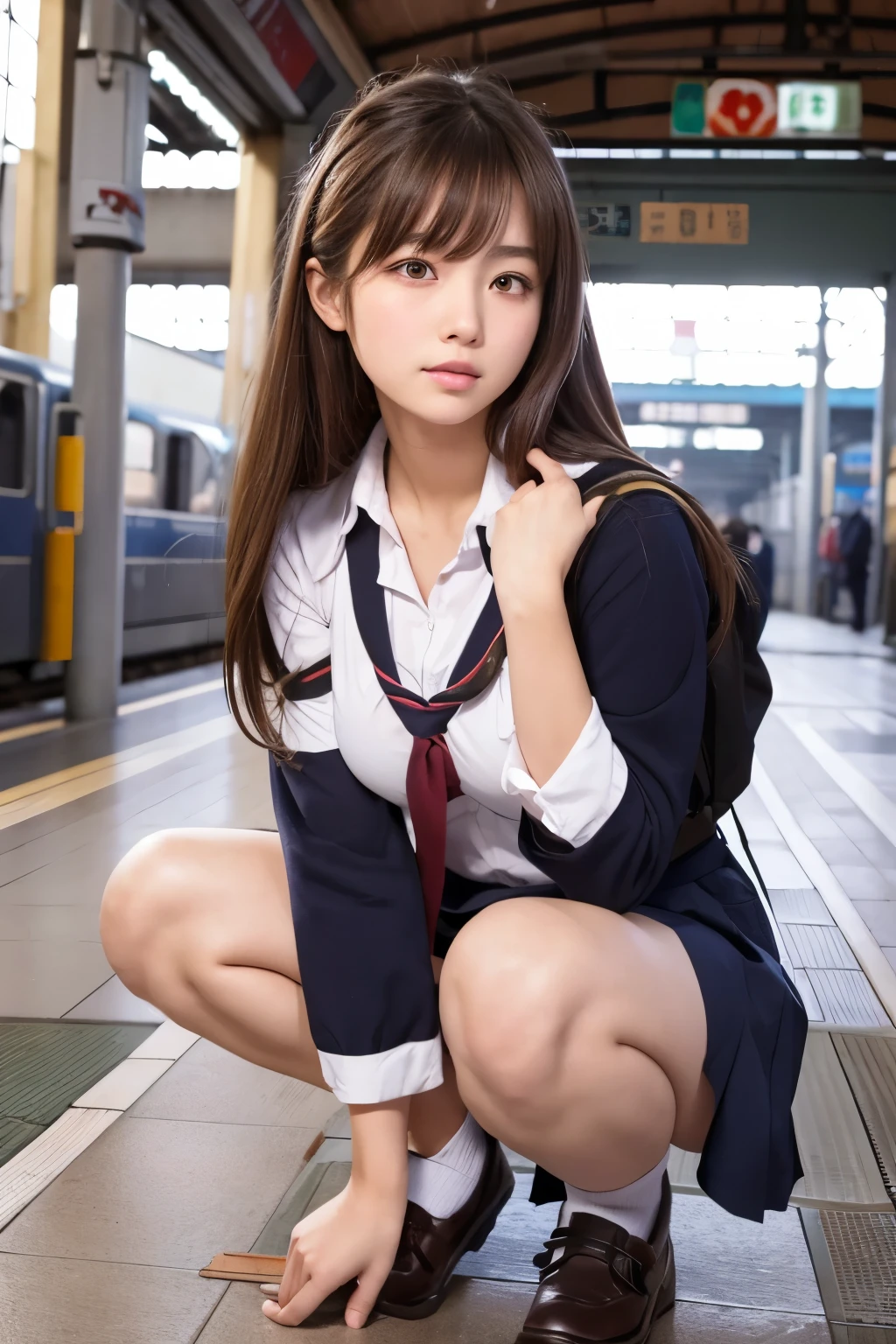 squatting, raw photo, masterpiece, top quality, high-resolution, cute Japan, big, embarrassed, blush, one girl, attractive body, faded gray-gray hair, wavy long hair, school uniform, thighs, white socks, seraphuk, very short skirt, school bag, loafers, white pantyhose, panchira, soaring skirt, ((wind blows up from below, skirt flips)), fluttering skirt, fluttering hair, panties, blush, evening, woman with gust of wind blowing up from below and skirt flipping up, revealing white pants, looking at this, looking up