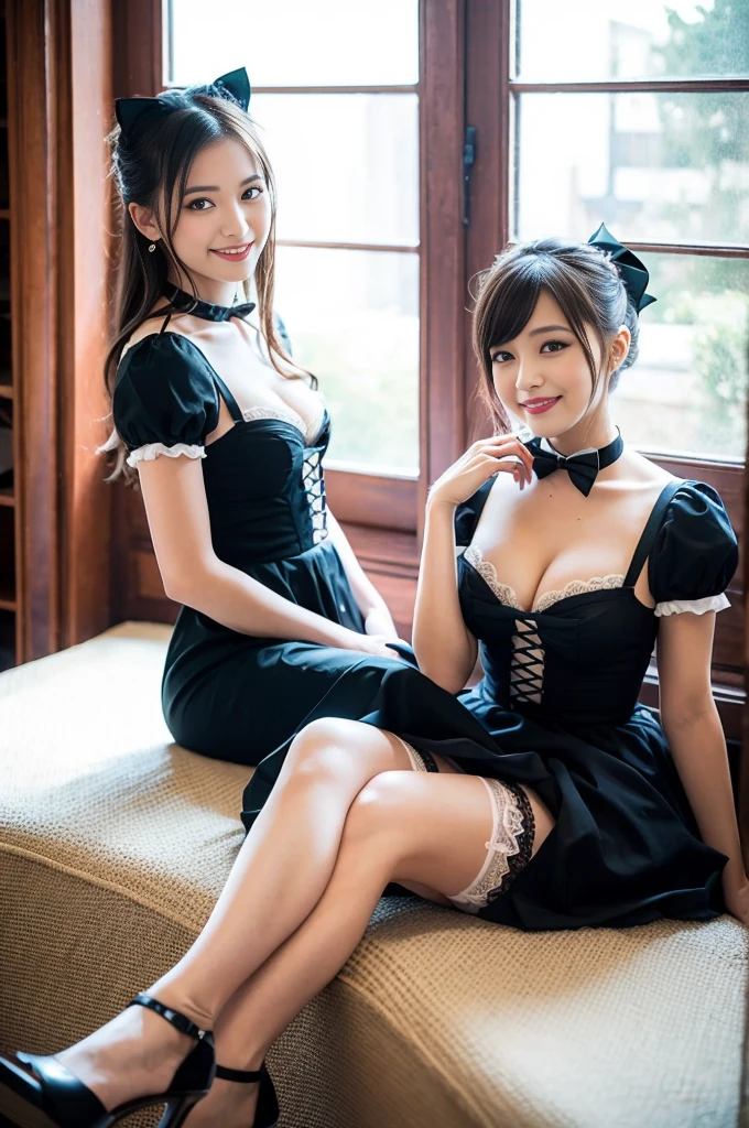 Pure Japanese maid girl, wearing traditional dark color French maid dress and accessories, garter stockings, high heels, vivid makeup, arranged hair styles, sweet smile, sitting and relaxed mood, near by windows in gothic style room, sweet temptation, sexual attractive, professional portrait photography,