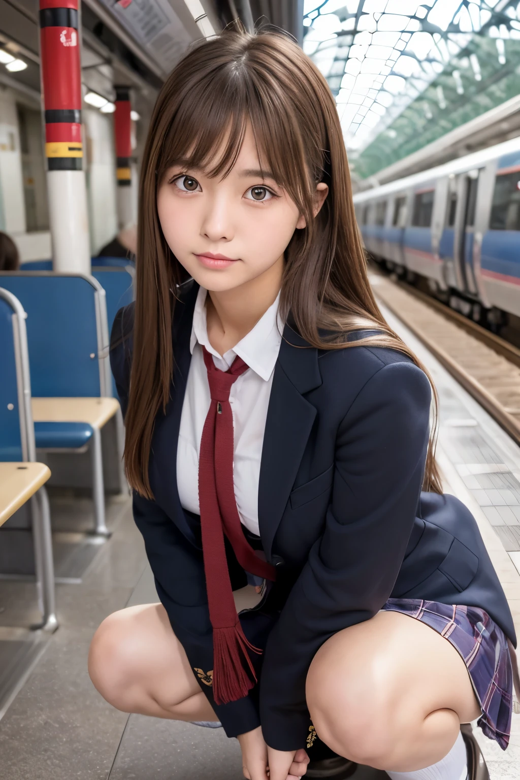 Masterpiece, school girl,Squatting in the train station,(Japanese idle:1.4), brown hair, Plump breast, Blushed face, From below, (school uniform)