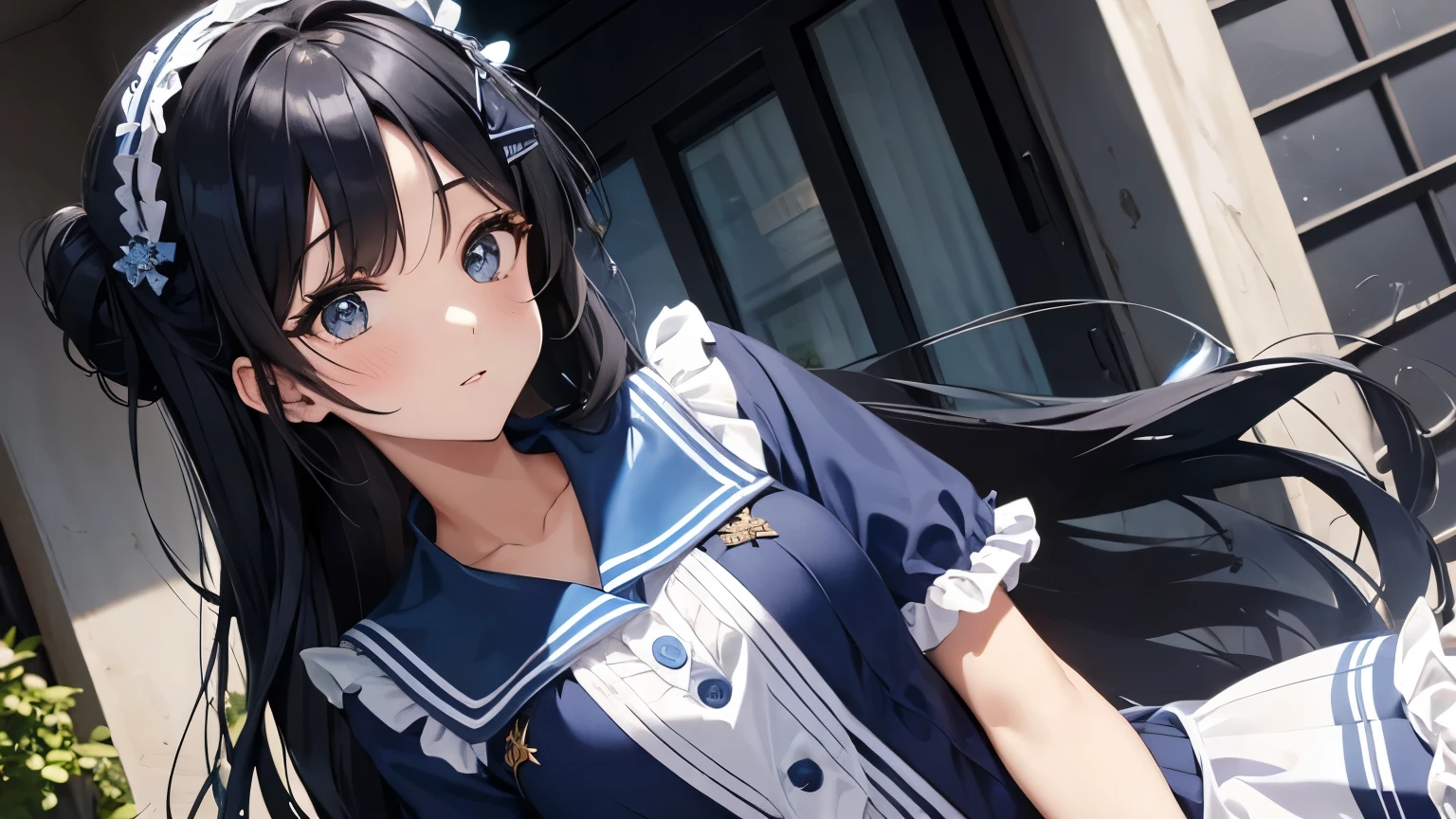 A beautiful girl wearing a blue sailor suit with lots of frills and lace　Long black hair with hair ornament　Upper Body