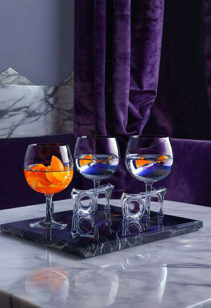 surreal glass shape, liquid glass, chromatic aberration, broken prism, refraction, light caustics, smokey background, detailed illustration , oranges on a white marble table, deep purple velvet drapes, 8k, photography style,2 glasses with orange bioluminescent fluid in them, on a white marble table, bioluminescent, colorfull, glow, at sunset. misty light.
