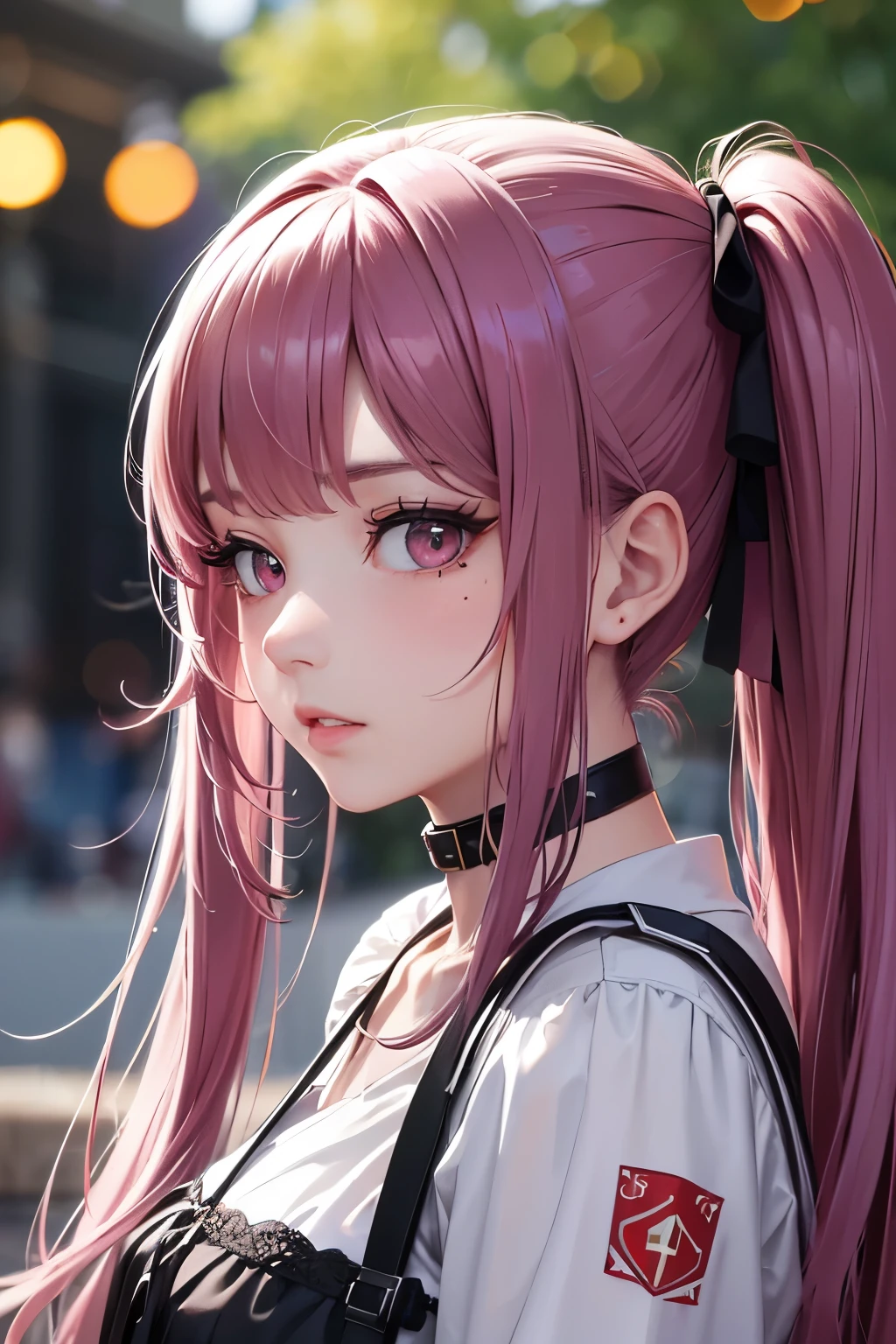 masterpiece, best quality, highly detailed, high resolution, expensive resolution, high resolution, 4K, 8k, Unity 8k wallpaper, highly detailed CG, masterpiece, 2D, 3D, beautiful details, depth, fine texture, best quality: 1.3, perfect focus, crispy skin, him, very cute, one 20-something girl, before a date with him, enjoying fashion, short twin tails, mole under eye, looking at the viewer, expensive, blush, mole, parted lips, heart, pink eyes, choker