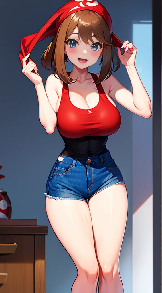 brown hair，blue eyes，short hair，Double tail，red headscarf，Red race swimsuit，Xiaoyao【Pokémon】blush，Smile，big breasts，Denim shorts，bedroom background, standing, idle