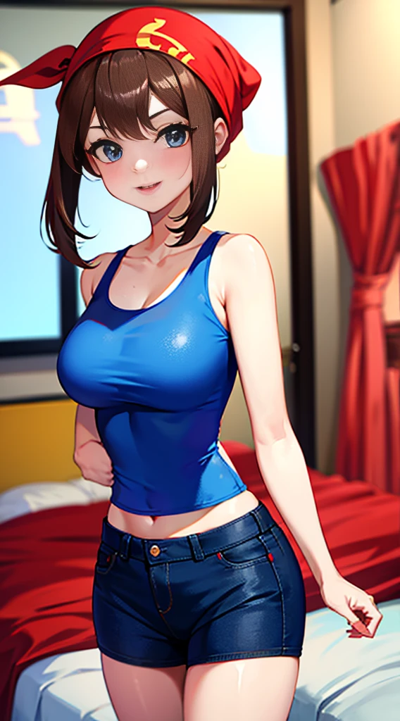 brown hair，blue eyes，short hair，Double tail，red headscarf，Red race swimsuit，Xiaoyao【Pokémon】blush，Smile，big breasts，Denim shorts，bedroom background, standing, idle