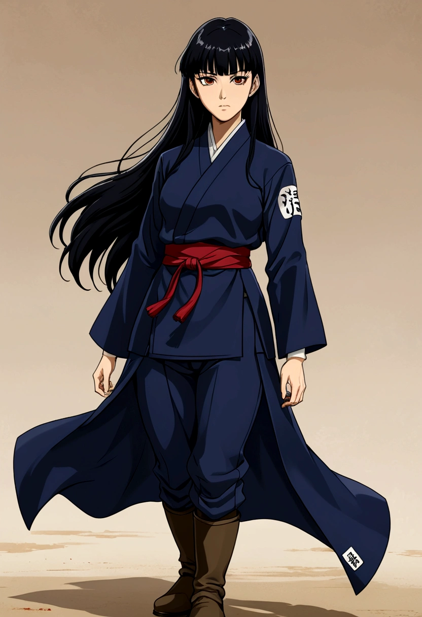 a tall woman with long black hair and bangs, she has brown eyes, she is wearing a jujutsu high uniform, she is wearing a long boots too, jujutsu kaisen