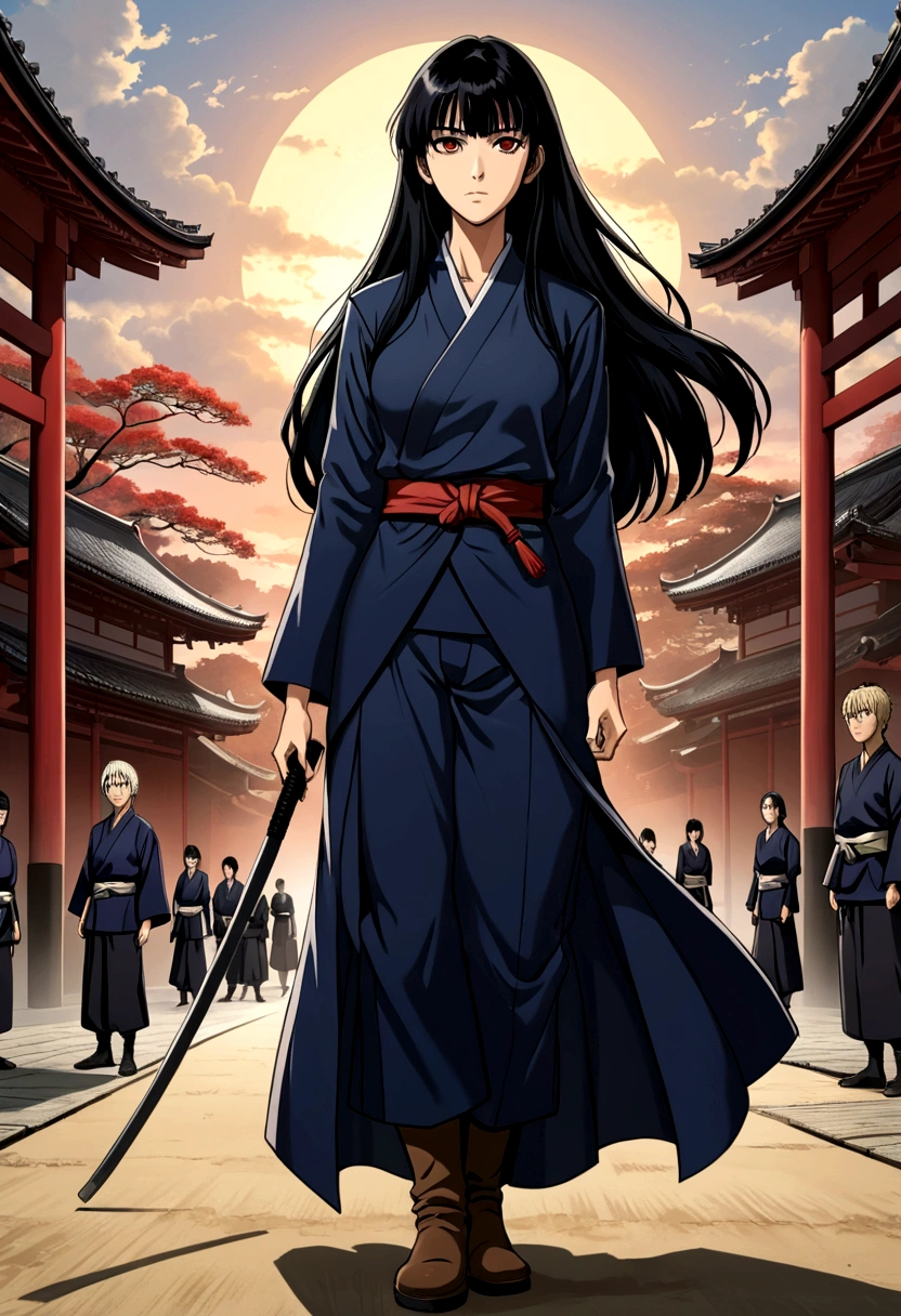 a tall woman with long black hair and bangs, she has brown eyes, she is wearing a jujutsu high uniform, she is wearing a long boots too, jujutsu kaisen
