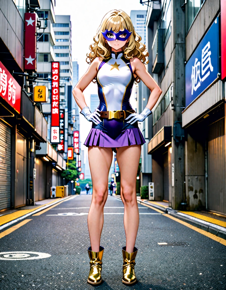 One girl, Medium chest, (((leotard, 白と青いのleotard, No sleeve, mini skirt,barefoot))), ((Tight belt, Gold Belt)), ((boots, matching boots, ankle boots, white boots)), ((gloves, white gloves)), Urban Background, tokyo Urban Background, alone, single, Hands on hips, Are standing, ((Full Body Shot)), Cowboy Shot, Superhero, ((Beautiful attention to detail)), (Gold star symbol on chest), (((Purple eye mask))),(((blue eyes))),(((Blonde Hair, Medium length curly hair, blue eyes))), (Perfect Anatomy), masterpiece, Highest quality