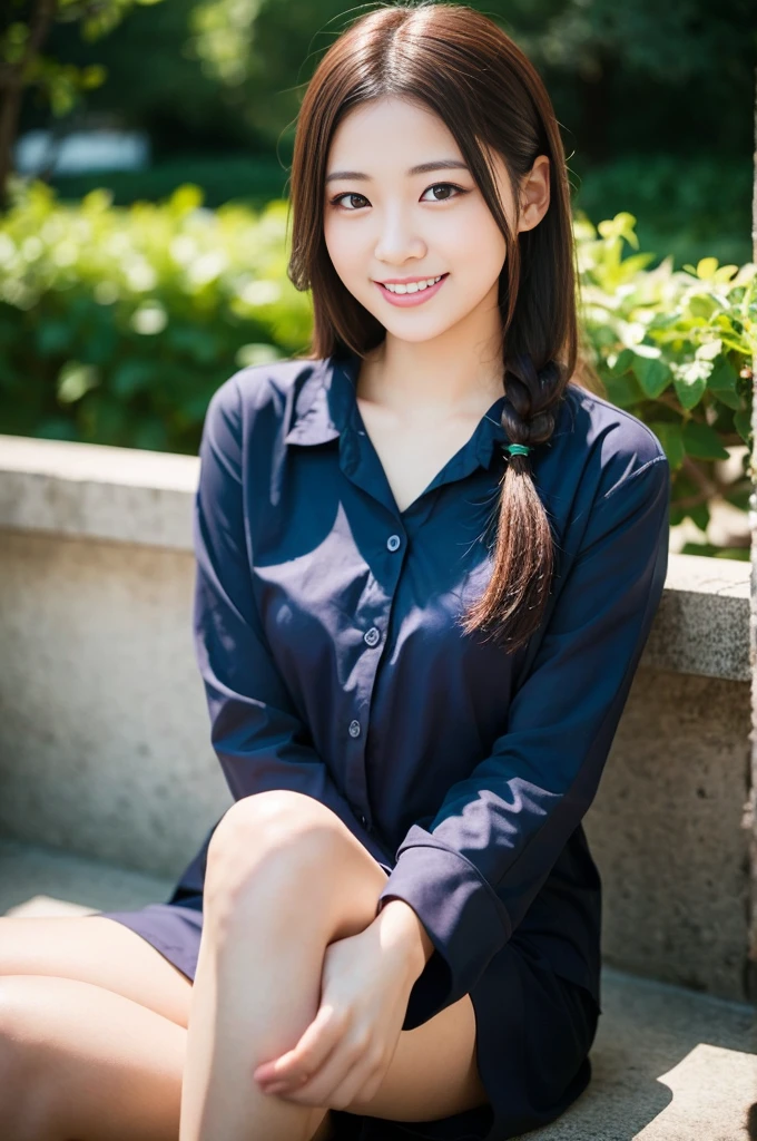 Pure Japanese school girl, wearing loose casual uniforms, natural hair styles, sweet smile, sitting relaxed mood, sweet temptation, sexual attractive, refreshing in early summer morning, professional portrait photography,