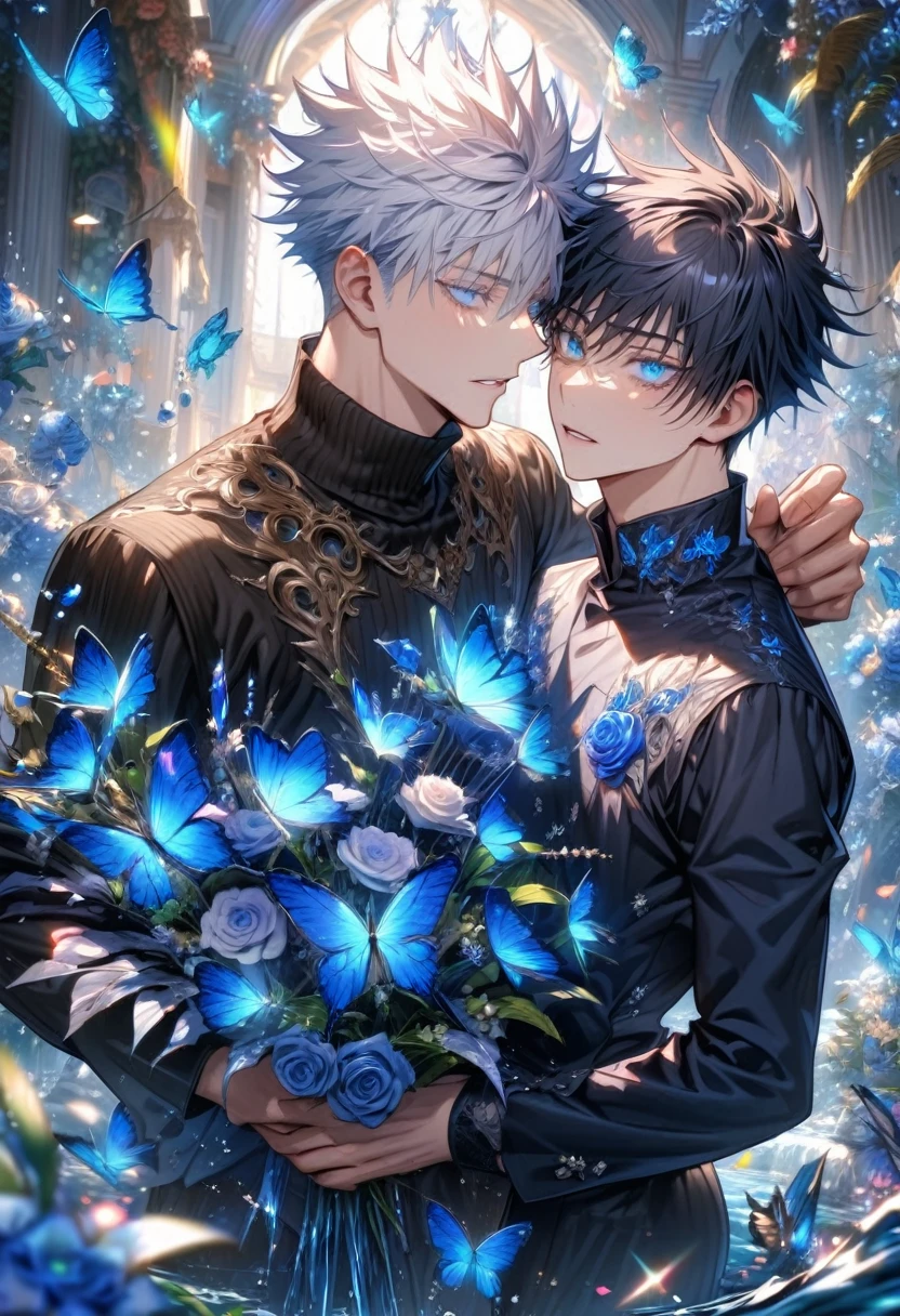 Ultra detailed, HDR, Highres, absurdres, master piece, Gojou Satoru, expressive blue eyes, white hair with bangs, white eyelashes, Fushiguro Megumi, expressive blue eyes, black hair, Jujutsu Kaisen, black shirt, blue glittering butterflies, blue ice, petals, blue ice glass roses, 2 sexy men together, gay couple, love, handsome, glittering, water, fantasy, magical
