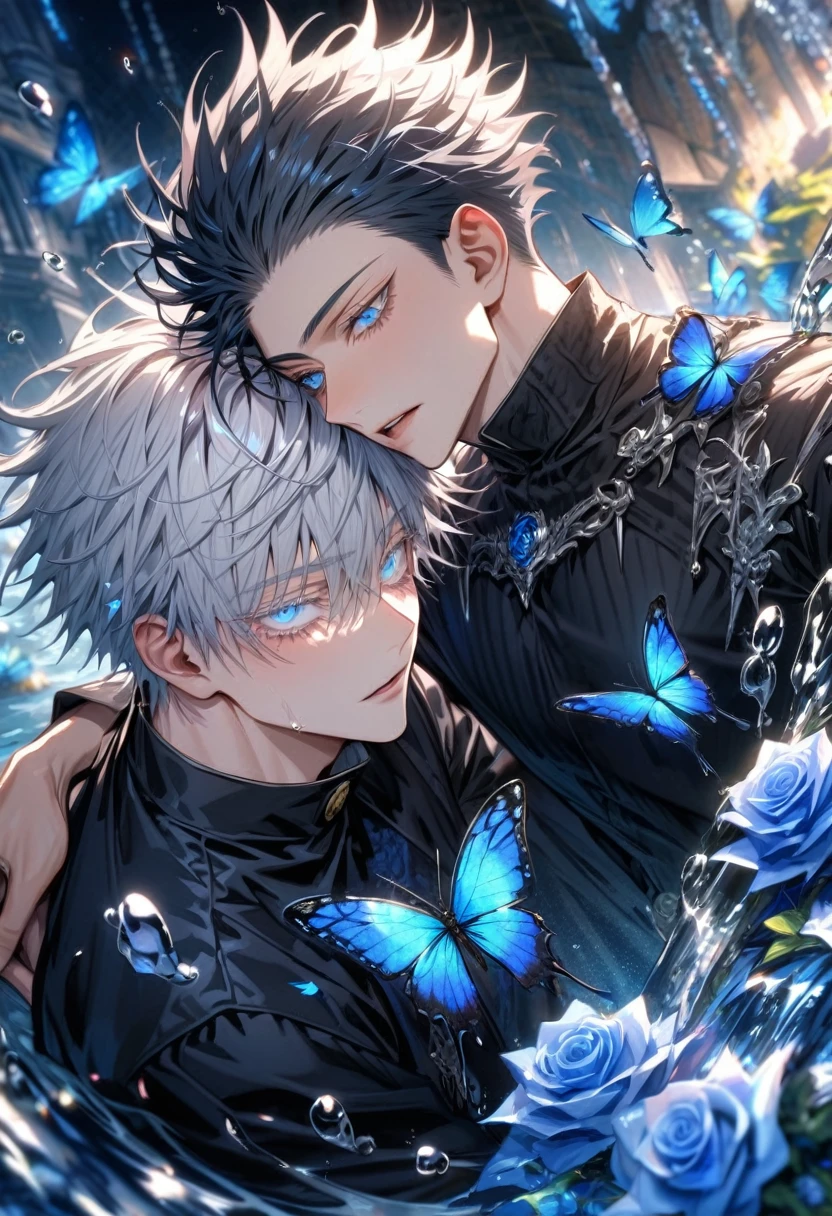 Ultra detailed, HDR, Highres, absurdres, master piece, Gojou Satoru, expressive blue eyes, white hair with bangs, white eyelashes, Fushiguro Megumi, expressive blue eyes, black hair, Jujutsu Kaisen, black shirt, blue glittering butterflies, blue ice, petals, blue ice glass roses, 2 sexy men together, gay couple, love, handsome, glittering, water, fantasy, magical