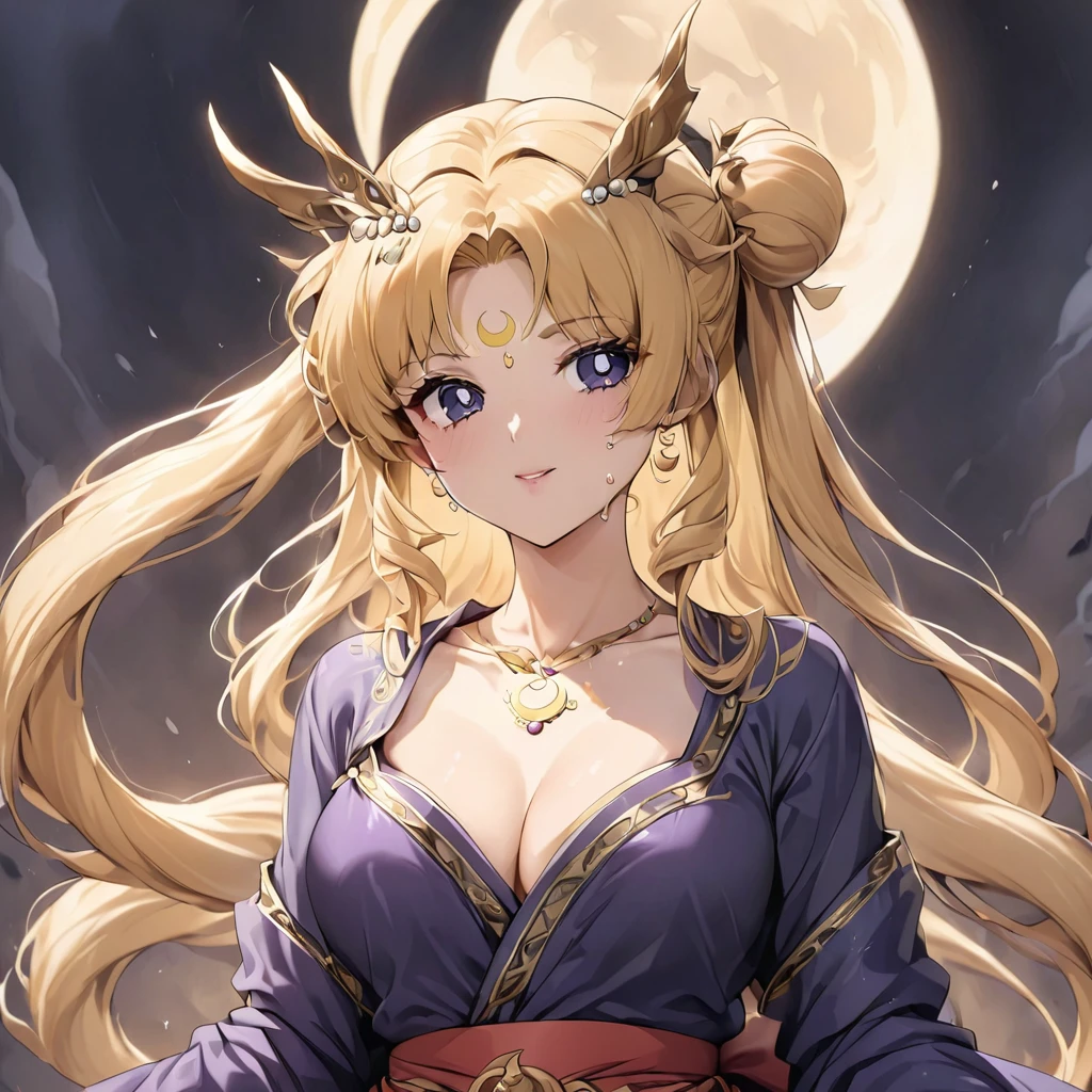 ((Highest quality)), ((masterpiece)), (detailed), (Perfect Face)、The woman has a black inverted crescent moon mark on her forehead, is wearing a gorgeous and glittering Hanfu, and is the Dark Empress wearing gorgeous jeweled accessories.、The woman is Usagi Tsukino, the noble dark empress of the Black Moon clan and has blonde hair.2The woman with long hair tied up in a knot is Tsukino Usagi.