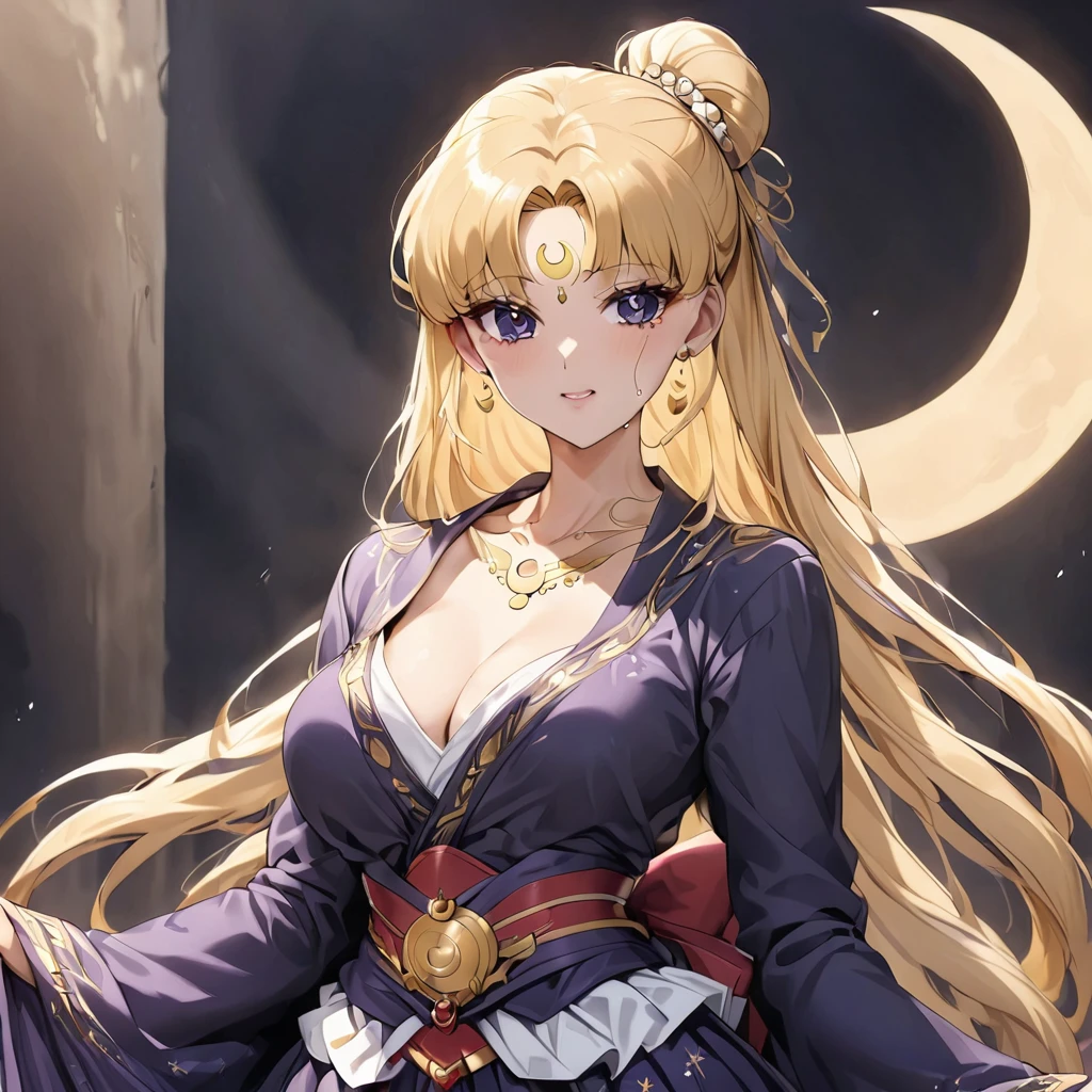 ((Highest quality)), ((masterpiece)), (detailed), (Perfect Face)、The woman has a black inverted crescent moon mark on her forehead, is wearing a gorgeous and glittering Hanfu, and is the Dark Empress wearing gorgeous jeweled accessories.、The woman is Usagi Tsukino, the noble dark empress of the Black Moon clan and has blonde hair.2The woman with long hair tied up in a knot is Tsukino Usagi.