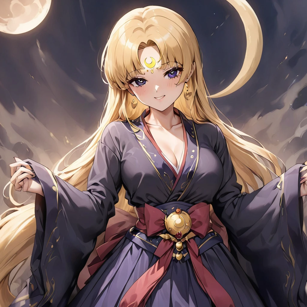 ((Highest quality)), ((masterpiece)), (detailed), （Perfect Face）、The woman has a black inverted crescent moon mark on her forehead, is wearing a gorgeous and glittering Hanfu, and is the Dark Empress wearing gorgeous jeweled accessories.、The woman is Usagi Tsukino, the noble dark empress of the Black Moon clan and has blonde hair.２The woman with long hair tied up in a knot is Tsukino Usagi.