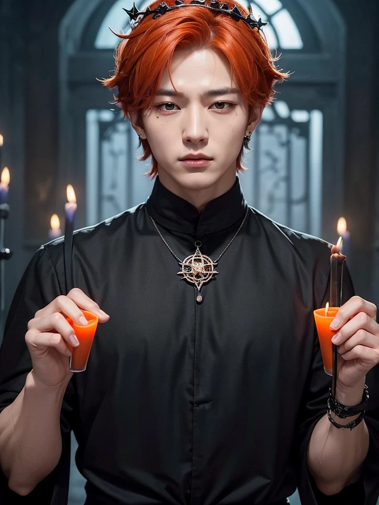 Jungkook bts actor and kpop idol more realism in hair and clothing hair orange, Generate an image of a Korean Kpop idol with bright orange hair, dressed in a black shirt and a tunic of the same color, surrounded by dark witches and warlocks in a coven. The background must be dark and gloomy, lleno de velas y witchcraft symbols.Create a visual representation of a Korean Kpop actor, with a spinal crown on his head, dressed in a black tunic and black shirt in a coven setting. Around it, dark witches casting curses, with a shadowy forest full of candles as a backdrop.Produces an image where a Korean Kpop idol, recognizable by his bright orange hair, is immersed in an environment of witchcraft and curse. He is dressed in a black tunic and a dark shirt, surrounded by wizards and witches in a dark forest full of magical symbols.Korean kpop idol actor who is dressed in a black shirt, black tunic, with a crown of thorns on his head, he is in a witches coven, all dark witches, curse and witchcraft, the background that is dark dark, a black background in a forest full of candles and spells, witchcraft symbols, bright orange hair amidst candles at a coven. homme coréen musclé maléfique manly muscle man, Young muscular evil Asian, 30 years old, manly, serious, serious face, rough features. Let your muscles be shown, half your body exposed with snake tattoos.asian with strong muscles showing, rough masculine face, masculine manly manly features. Australian Canadian with a rough muscular face who shows off his muscles Australian boy with neck tattoos