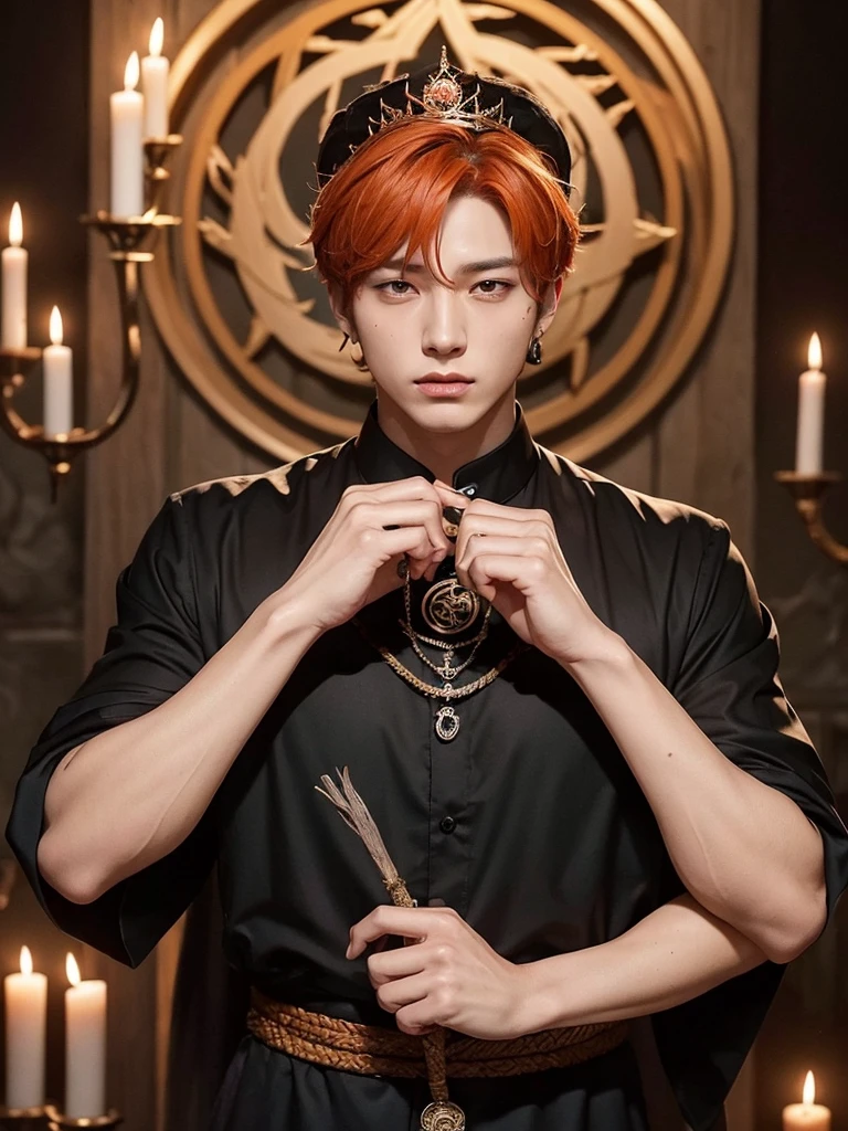 Jungkook bts actor and kpop idol more realism in hair and clothing hair orange, Generate an image of a Korean Kpop idol with bright orange hair, dressed in a black shirt and a tunic of the same color, surrounded by dark witches and warlocks in a coven. The background must be dark and gloomy, lleno de velas y witchcraft symbols.Create a visual representation of a Korean Kpop actor, with a spinal crown on his head, dressed in a black tunic and black shirt in a coven setting. Around it, dark witches casting curses, with a shadowy forest full of candles as a backdrop.Produces an image where a Korean Kpop idol, recognizable by his bright orange hair, is immersed in an environment of witchcraft and curse. He is dressed in a black tunic and a dark shirt, surrounded by wizards and witches in a dark forest full of magical symbols.Korean kpop idol actor who is dressed in a black shirt, black tunic, with a crown of thorns on his head, he is in a witches coven, all dark witches, curse and witchcraft, the background that is dark dark, a black background in a forest full of candles and spells, witchcraft symbols, bright orange hair amidst candles at a coven. homme coréen musclé maléfique manly muscle man, Young muscular evil Asian, 30 years old, manly, serious, serious face, rough features. Let your muscles be shown, half your body exposed with snake tattoos.asian with strong muscles showing, rough masculine face, masculine manly manly features. Australian Canadian with a rough muscular face who shows off his muscles Australian boy with neck tattoos