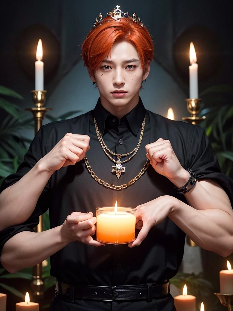 Jungkook bts actor and kpop idol more realism in hair and clothing hair orange, Generate an image of a Korean Kpop idol with bright orange hair, dressed in a black shirt and a tunic of the same color, surrounded by dark witches and warlocks in a coven. The background must be dark and gloomy, lleno de velas y witchcraft symbols.Create a visual representation of a Korean Kpop actor, with a spinal crown on his head, dressed in a black tunic and black shirt in a coven setting. Around it, dark witches casting curses, with a shadowy forest full of candles as a backdrop.Produces an image where a Korean Kpop idol, recognizable by his bright orange hair, is immersed in an environment of witchcraft and curse. He is dressed in a black tunic and a dark shirt, surrounded by wizards and witches in a dark forest full of magical symbols.Korean kpop idol actor who is dressed in a black shirt, black tunic, with a crown of thorns on his head, he is in a witches coven, all dark witches, curse and witchcraft, the background that is dark dark, a black background in a forest full of candles and spells, witchcraft symbols, bright orange hair amidst candles at a coven. homme coréen musclé maléfique manly muscle man, Young muscular evil Asian, 30 years old, manly, serious, serious face, rough features. Let your muscles be shown, half your body exposed with snake tattoos.asian with strong muscles showing, rough masculine face, masculine manly manly features. Australian Canadian with a rough muscular face who shows off his muscles Australian boy with neck tattoos