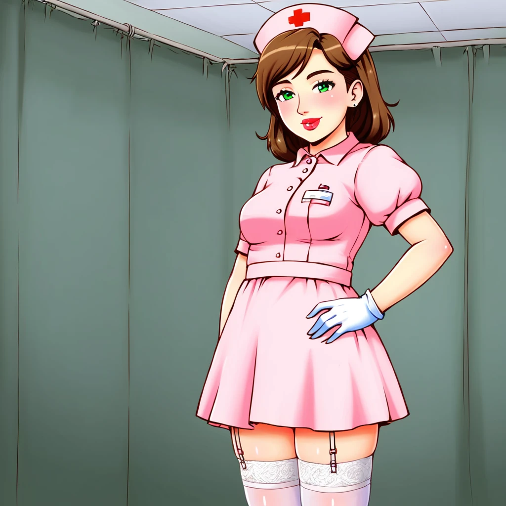 slutty floozy 1girl , solo, whore floozy sleazy lacivious nurse lingerie using pantyhoose, nurse cap, low pink wear, ((low ping legwear, zettai ryouiki)), white gloves,lingerie, green eyes, drooping eyes, pink lips, smile, standing, ((hospital room)), sharp outline, short sleeves, young female, 18 years old, best quality, masterpiece painted by ilya kuvshinov, gaston bussiere, craig mullins, hajime sorayama alphonse mucha, artstation, Despite the provocative elements, the image remains tasteful, focusing on artistic expression and contrasting gothic horror vibes with vibrant paint splatters. The final product is a highly detailed, stylized oil photo, masterfully created with HDR technology and 8k resolution.
