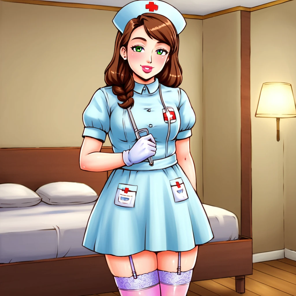 slutty floozy 1girl , solo, whore floozy sleazy lacivious nurse lingerie using pantyhoose, nurse cap, low pink wear, ((low ping legwear, zettai ryouiki)), white gloves,lingerie, green eyes, drooping eyes, pink lips, smile, standing, ((hospital room)), sharp outline, short sleeves, young female, 18 years old, best quality, masterpiece painted by ilya kuvshinov, gaston bussiere, craig mullins, hajime sorayama alphonse mucha, artstation, Despite the provocative elements, the image remains tasteful, focusing on artistic expression and contrasting gothic horror vibes with vibrant paint splatters. The final product is a highly detailed, stylized oil photo, masterfully created with HDR technology and 8k resolution.
