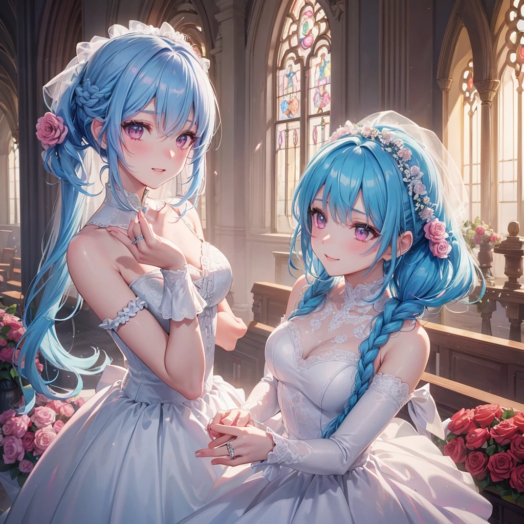 Sky blue hair, (Braided Ponytail),(Pink Eyes),Fair skin ,(whole body),(One girl),bride,A big smile,Straight bangs, 6月のbride,Wedding dress,(masterpiece, Highest quality, Very detailed, Best Shadow), (Detailed Background), (Beautifully detailed face), High Contrast, (Best lighting, Very delicate and beautiful), ((Cinematic Light)), colorful, Hyper Detail, Dramatic Light, Intricate details,Chapel background,A bouquet of roses in the right hand,Ring on left ring finger,